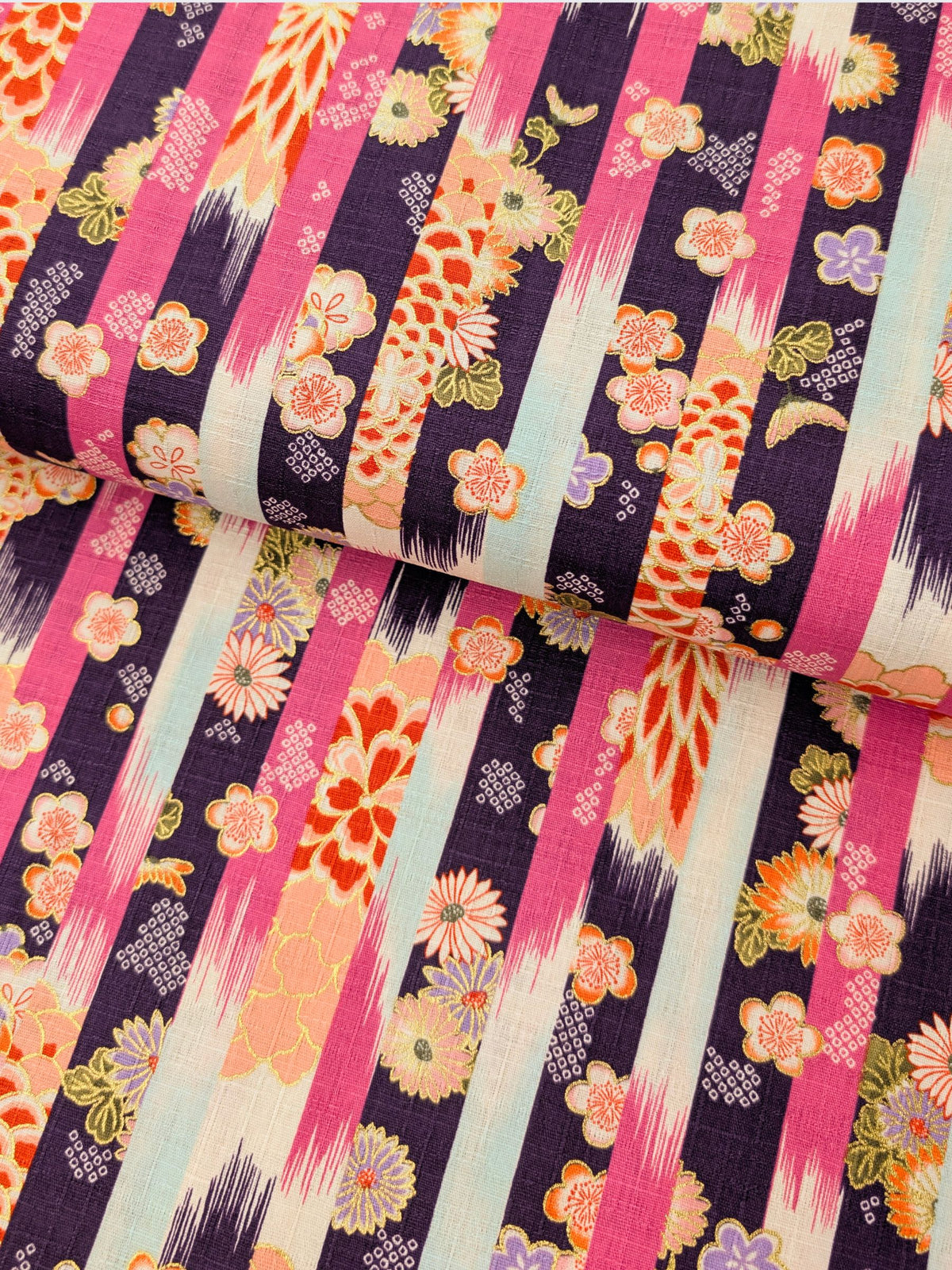 Hokkoh - Golden Wagara Stripe Cotton Dobby Fabric - Purple & Pink