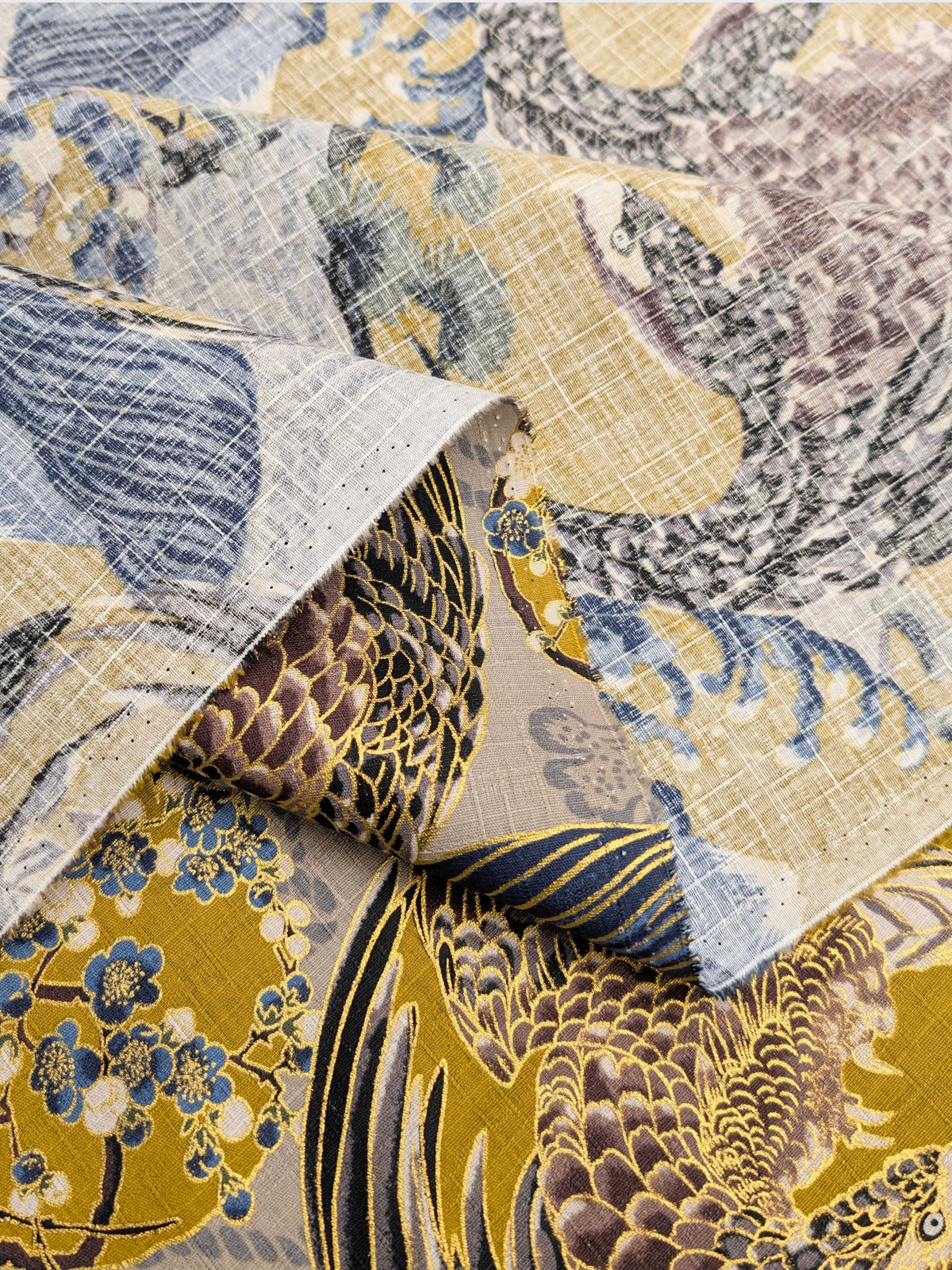 Hokkoh - Golden Circling Hawks Cotton Dobby Fabric - Gray & Yellow