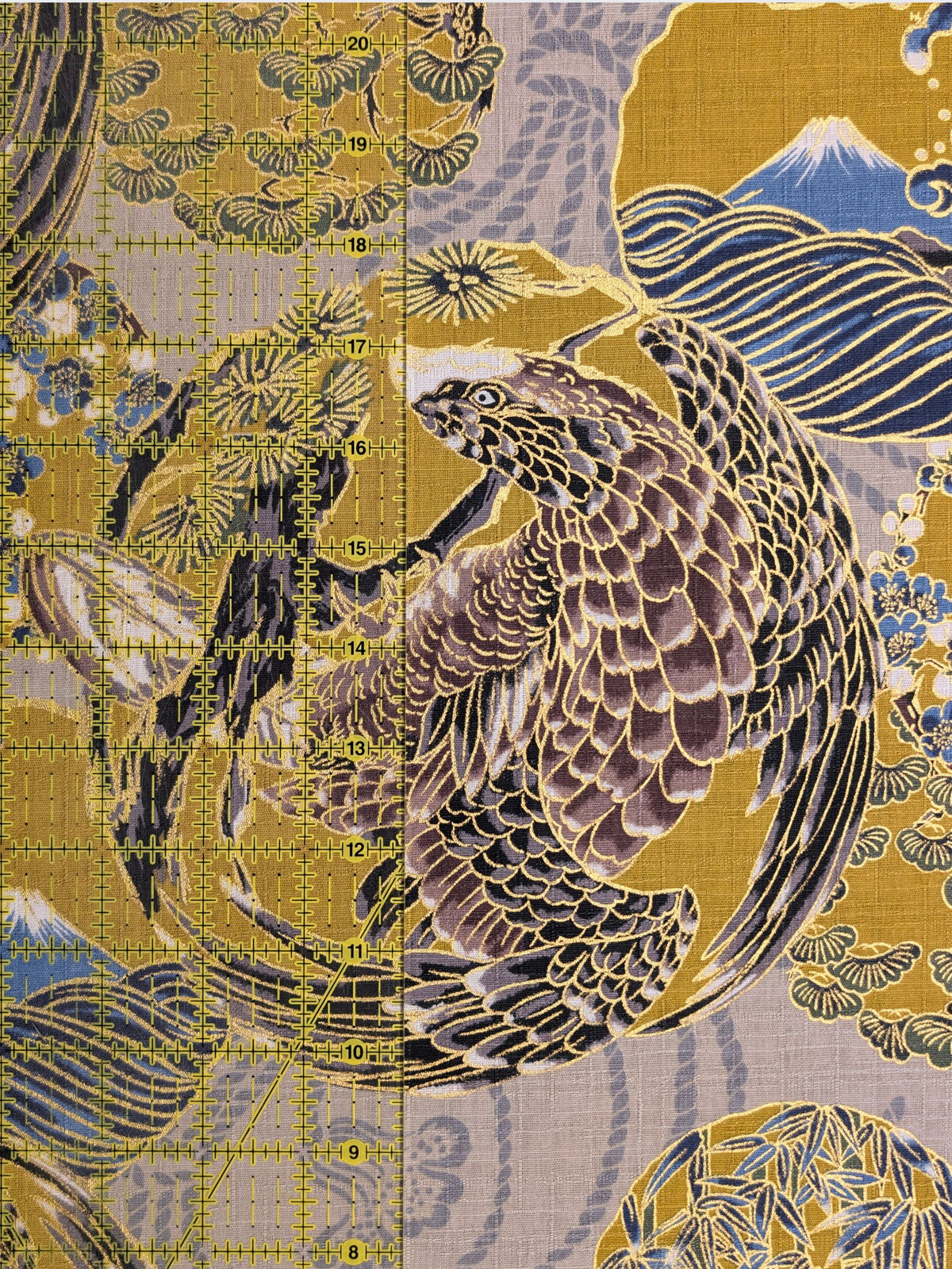 Hokkoh - Golden Circling Hawks Cotton Dobby Fabric - Gray & Yellow