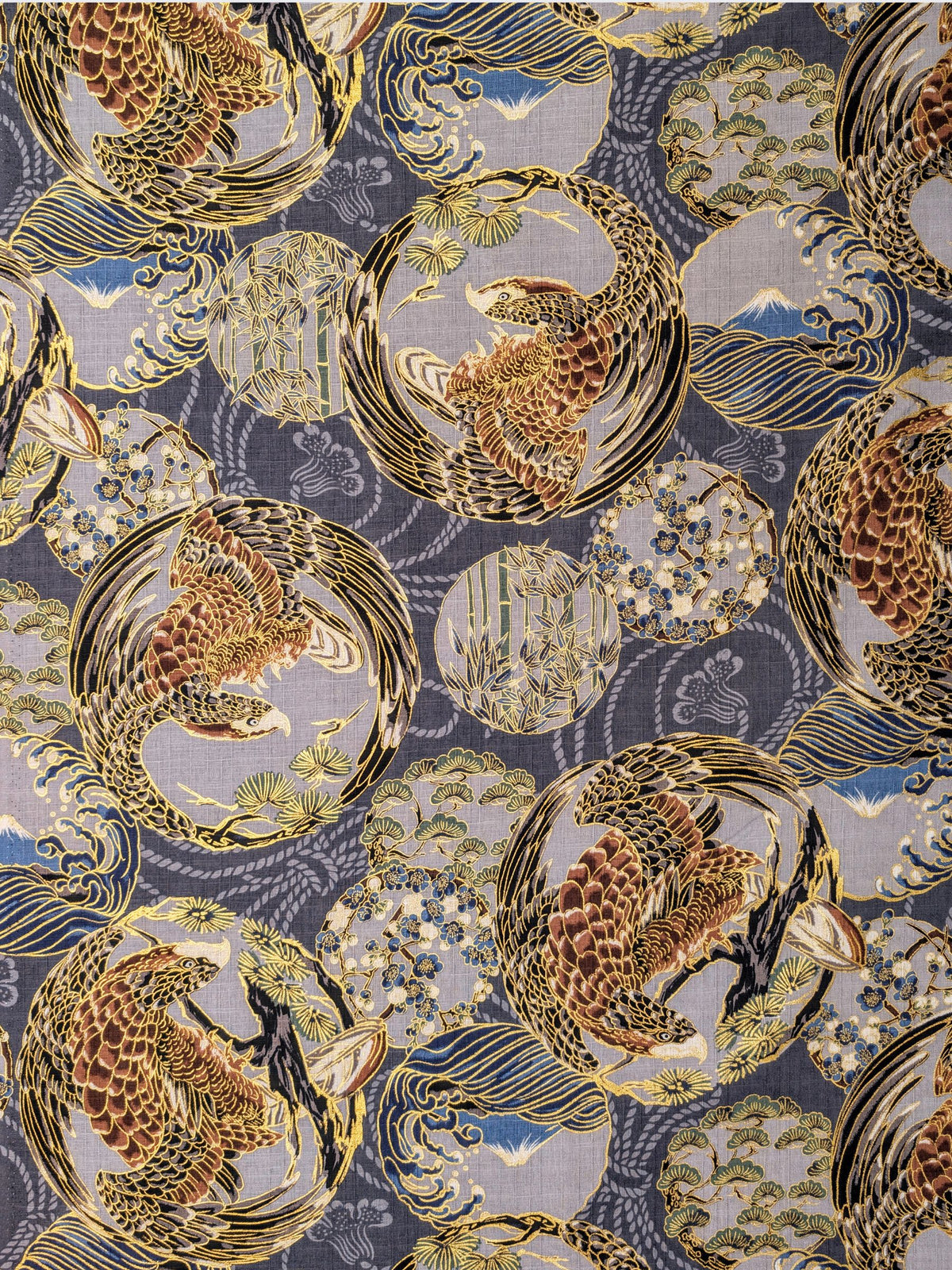 Hokkoh - Golden Circling Hawks Cotton Dobby Fabric - Gray & Brown