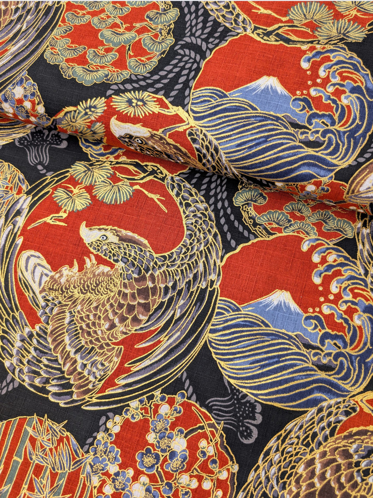 Hokkoh - Golden Circling Hawks Cotton Dobby Fabric - Black & Red