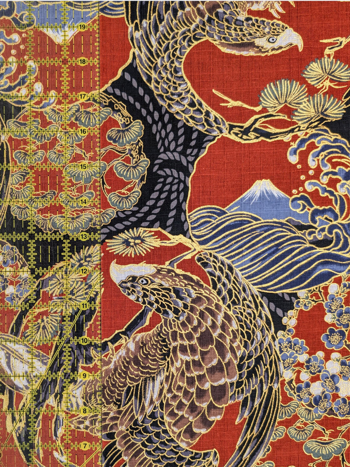 Hokkoh - Golden Circling Hawks Cotton Dobby Fabric - Black & Red