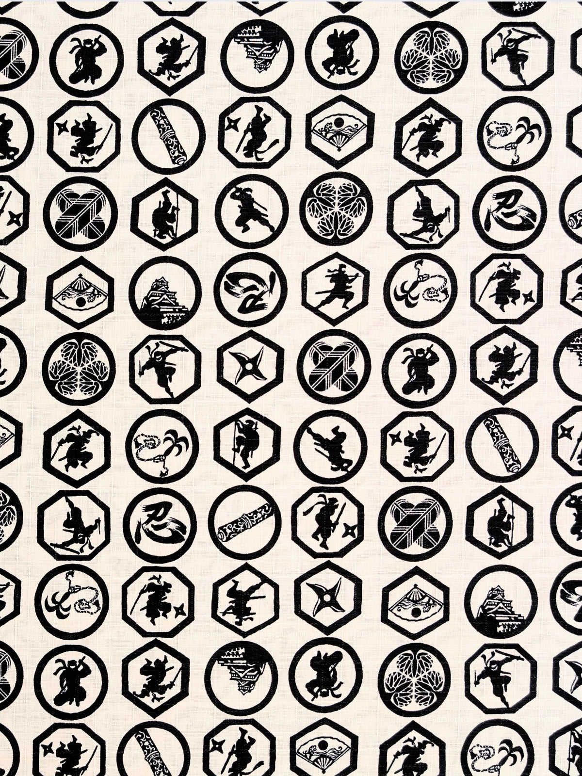 Hokkoh - Ninja Crests Cotton Dobby Fabric - White & Black