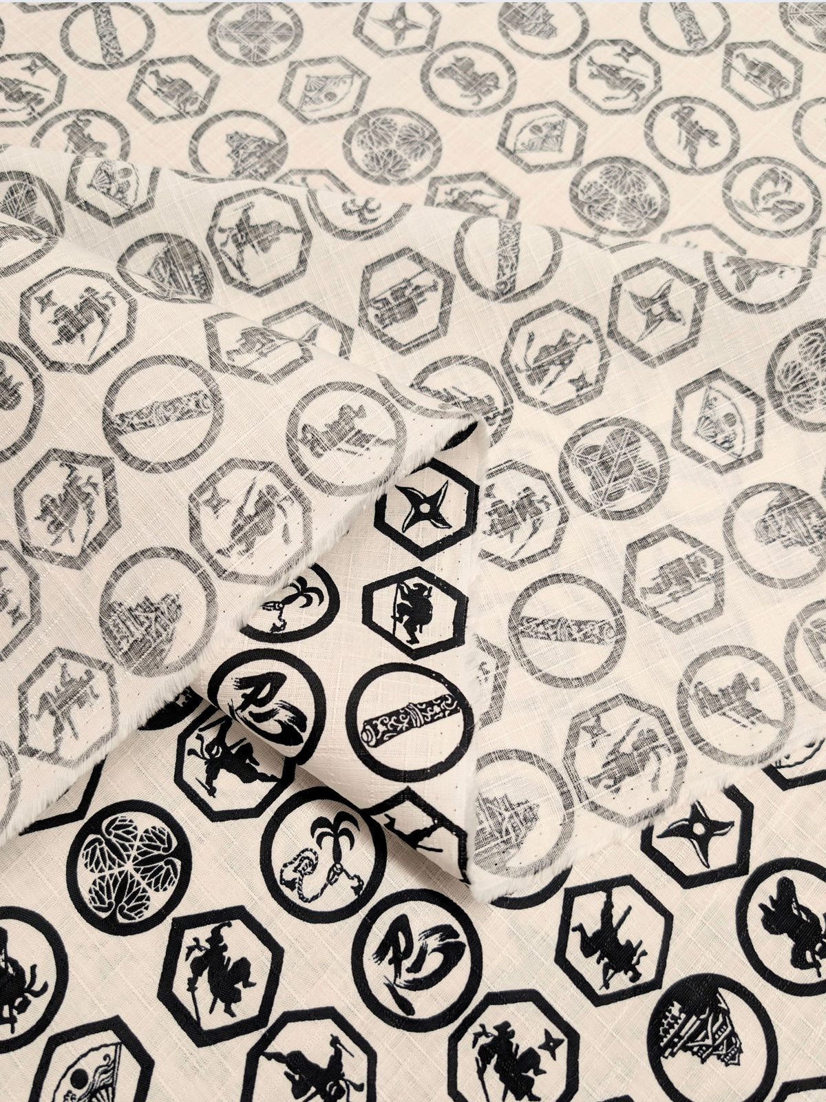 Hokkoh - Ninja Crests Cotton Dobby Fabric - White & Black