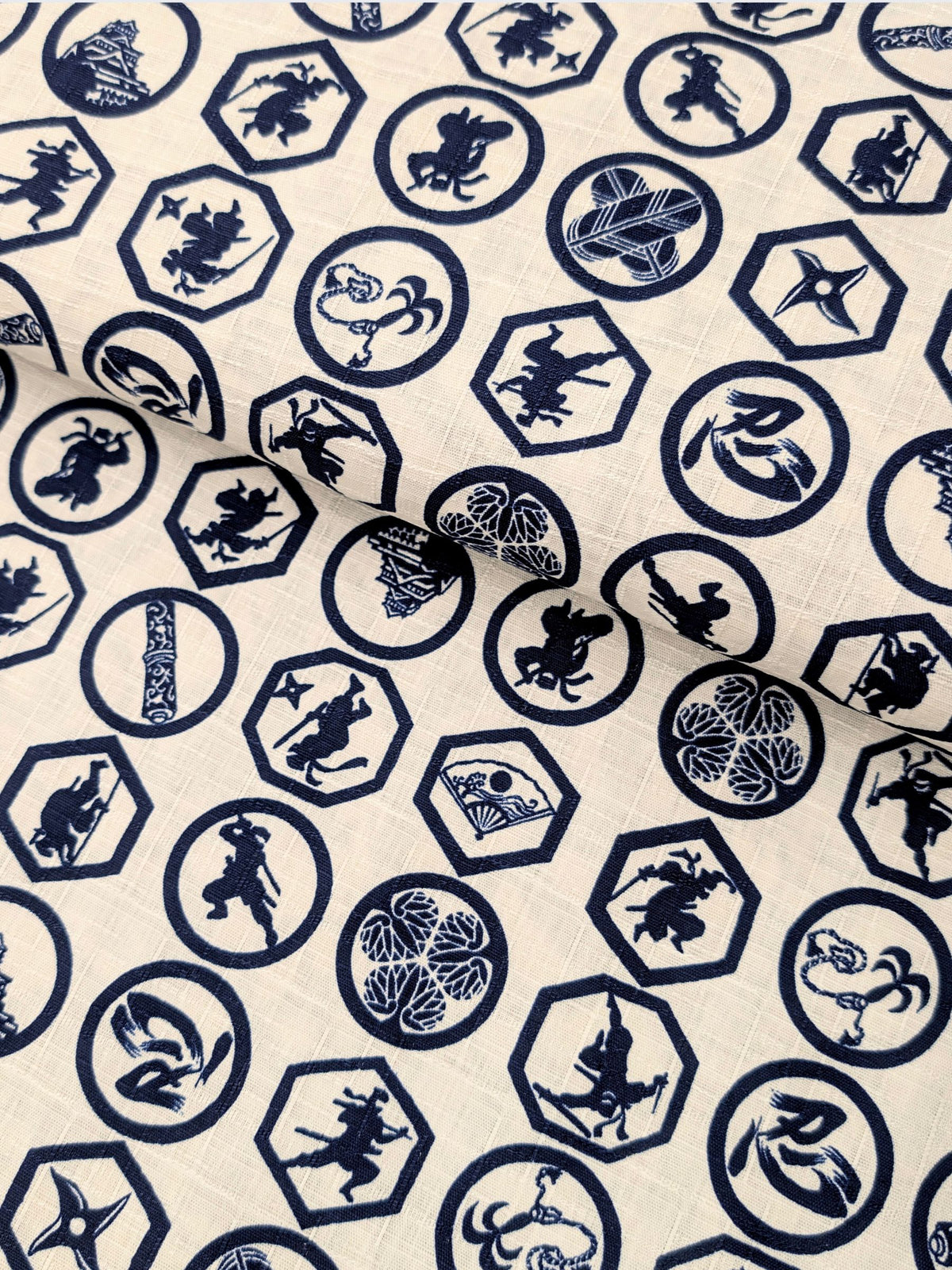 Hokkoh - Ninja Crests Cotton Dobby Fabric - White & Blue