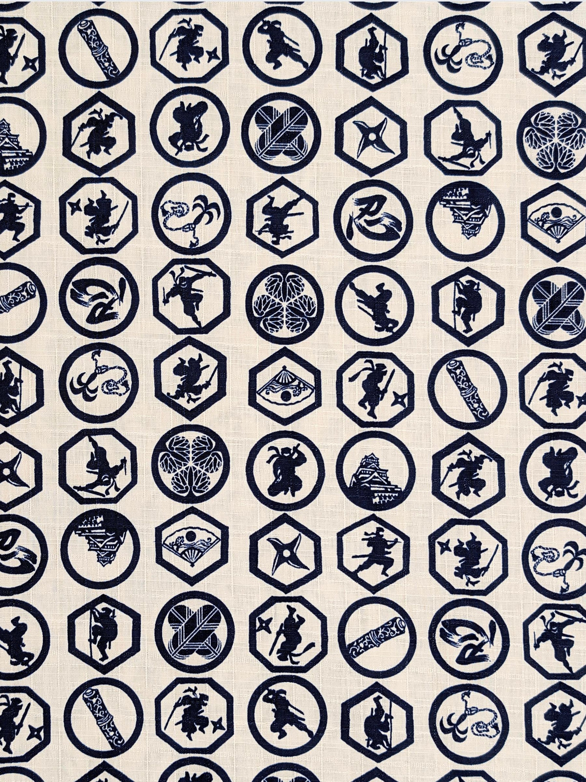 Hokkoh - Ninja Crests Cotton Dobby Fabric - White & Blue