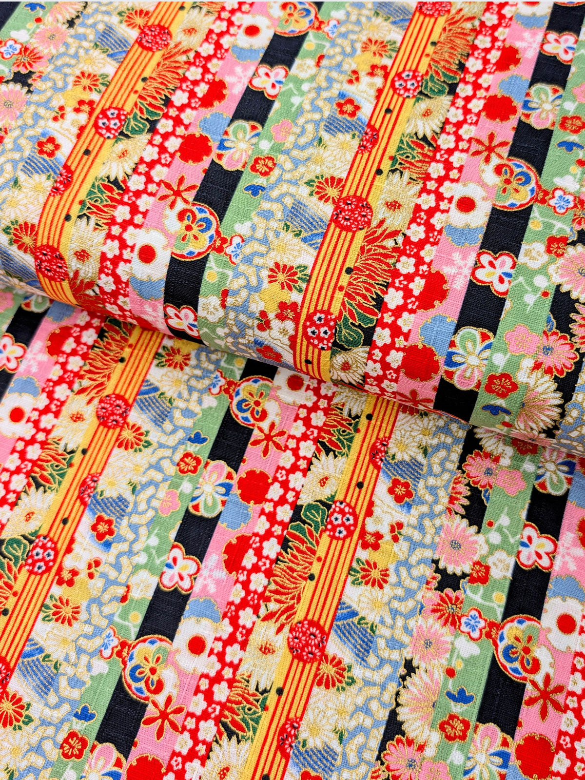 Hokkoh - Golden Floral Stripe Cotton Dobby Fabric - Black & Green REMNANT