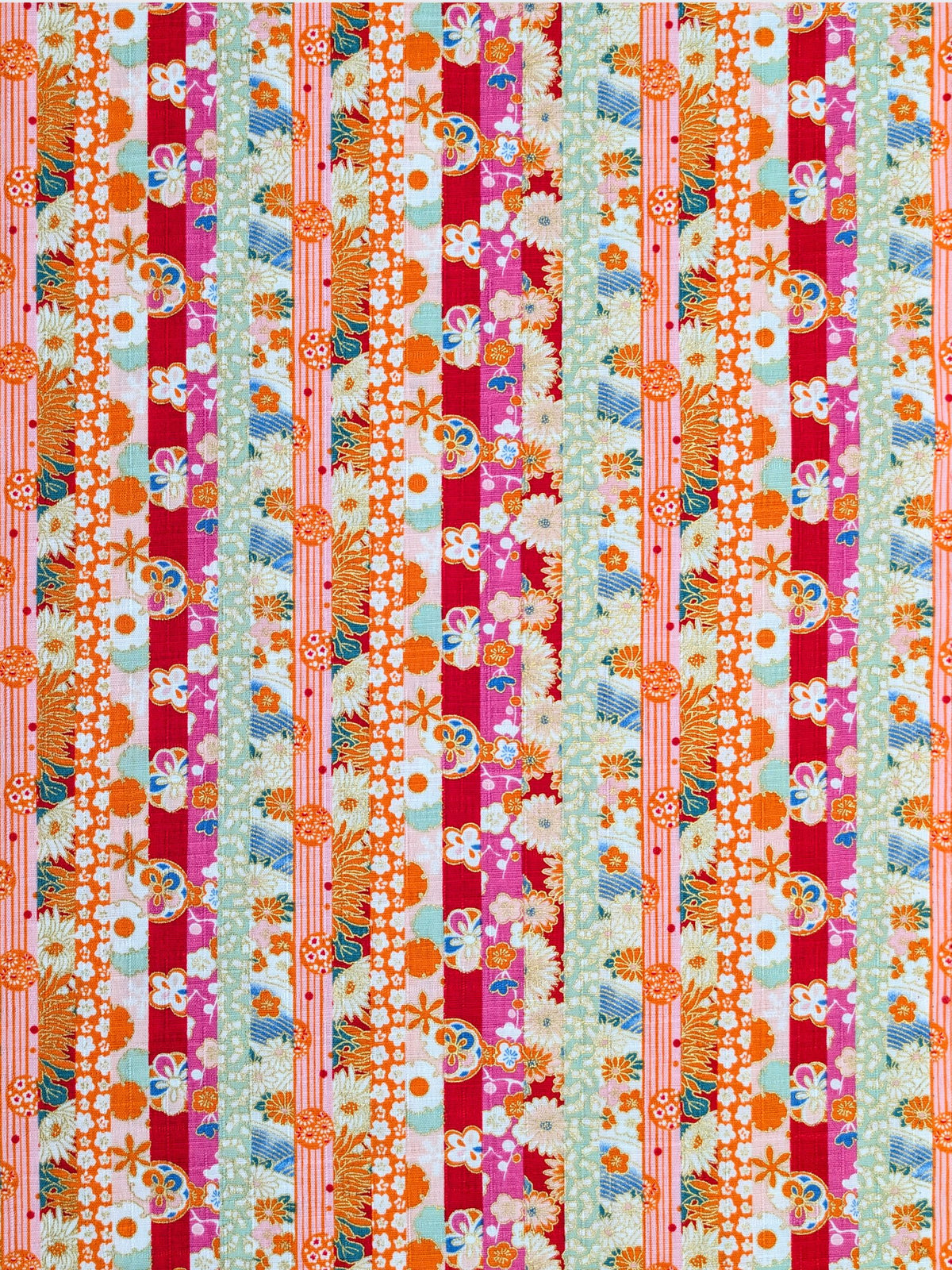 Hokkoh - Golden Floral Stripe Cotton Dobby Fabric - Red & Green REMNANT