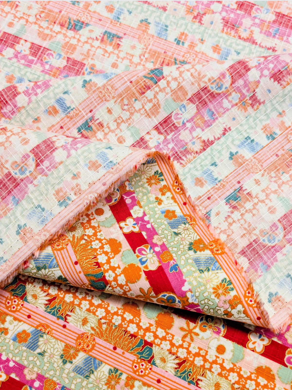 Hokkoh - Golden Floral Stripe Cotton Dobby Fabric - Red & Green REMNANT