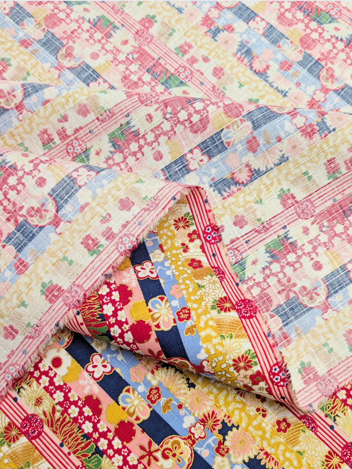 Hokkoh - Golden Floral Stripe Cotton Dobby Fabric - Blue & Yellow