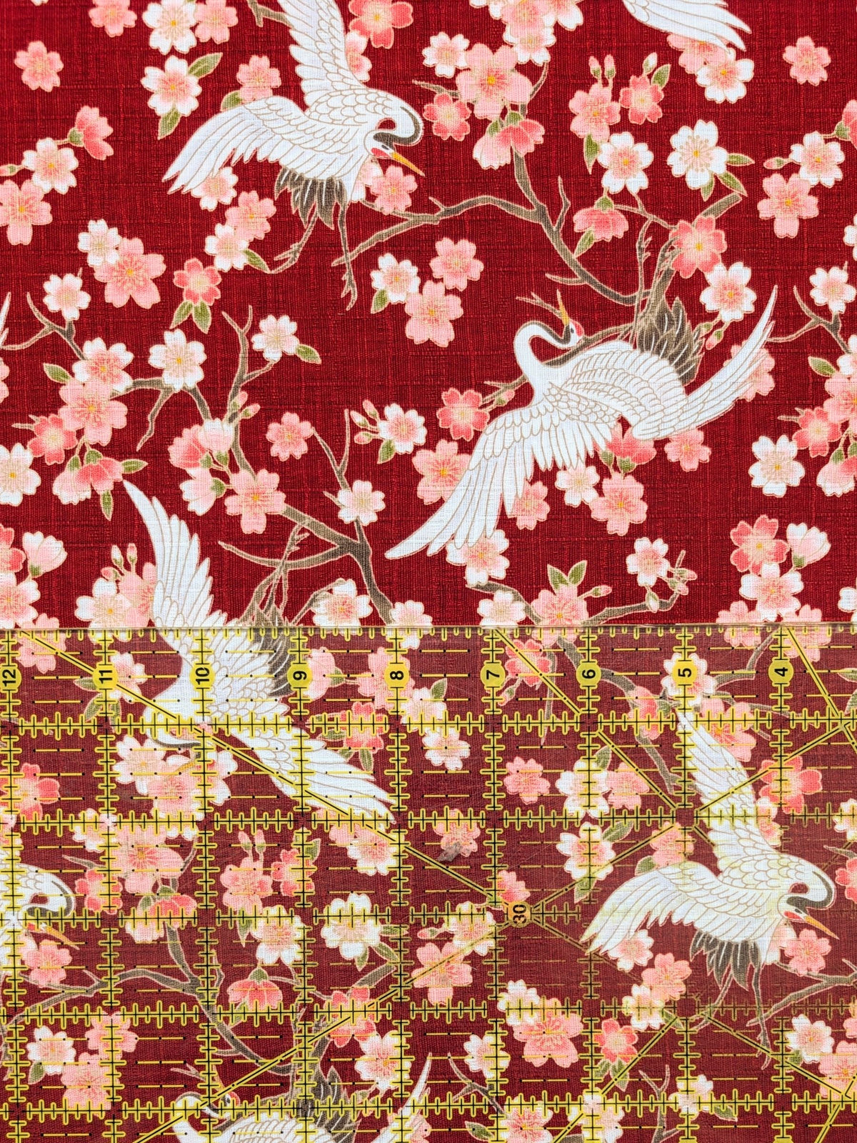 Hishiei - Cranes and Cherry Blossoms Cotton Dobby Fabric - Red