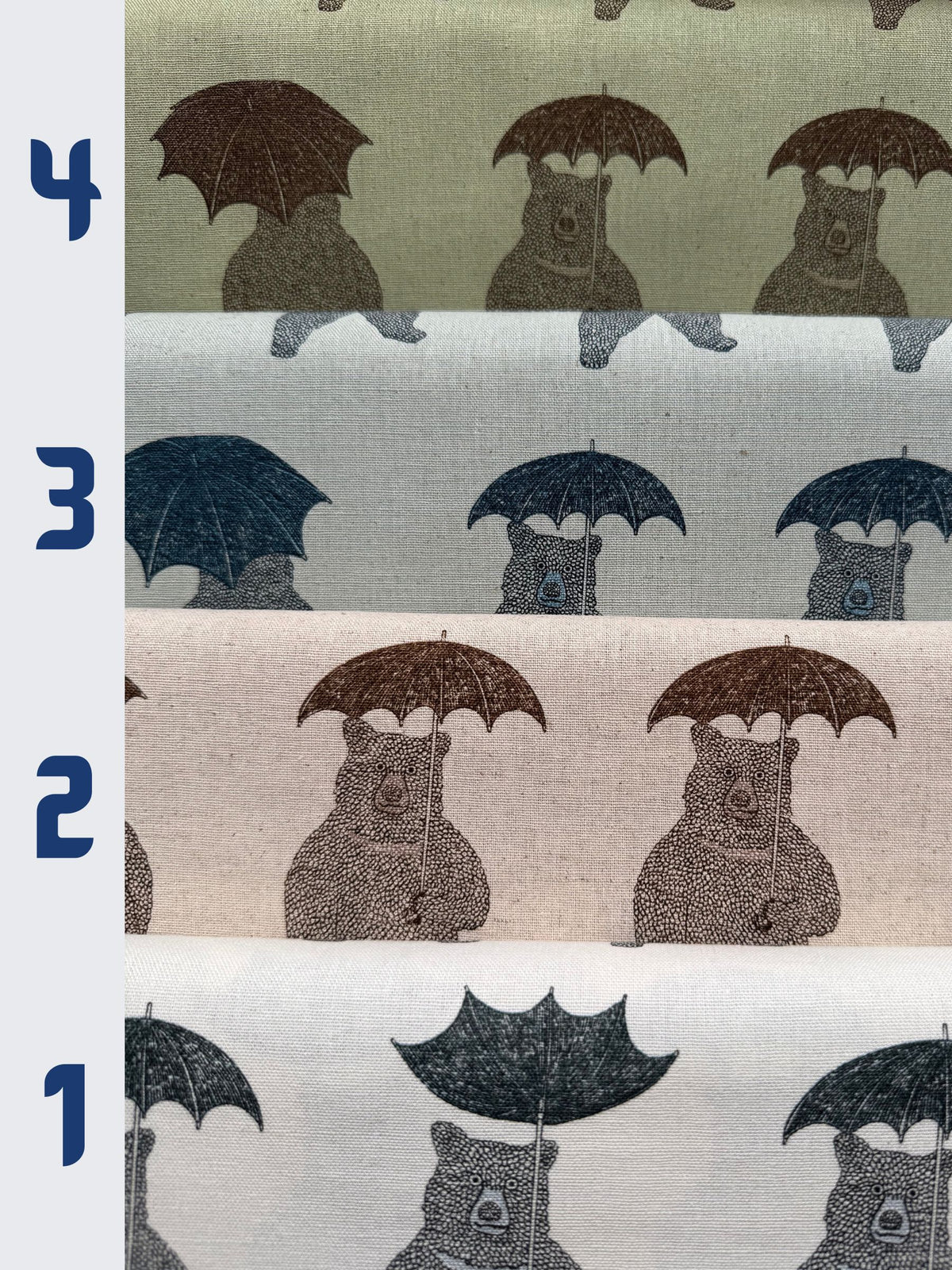 Koizumi - Bear-Able Weather Bears with Umbrellas Cotton/Linen Canvas Fabric - Green Brown