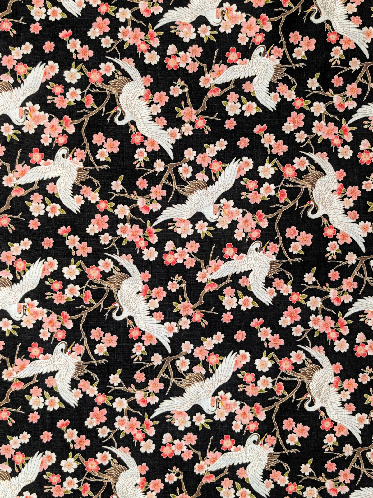 Hishiei - Cranes and Cherry Blossoms Cotton Dobby Fabric - Black REMNANT