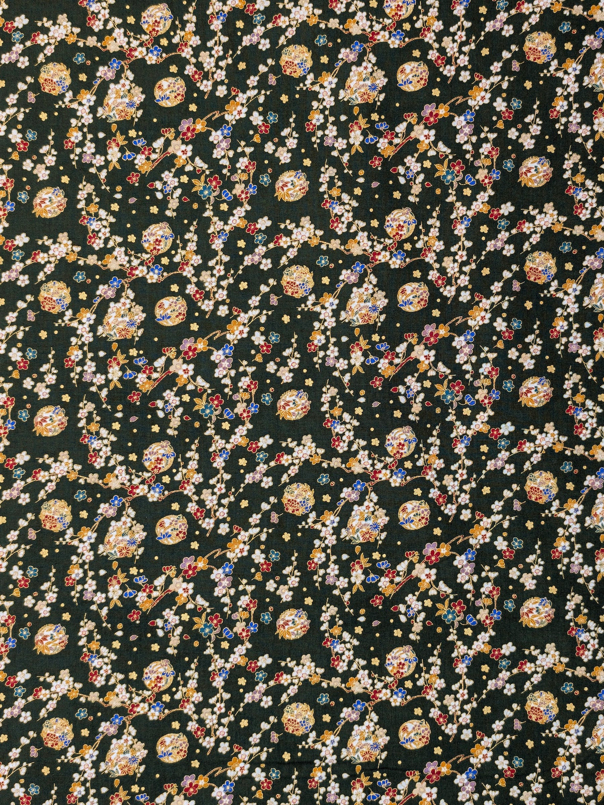 Naka - Metallic Cherry Blossom Circles Cotton Sheeting Fabric - Green