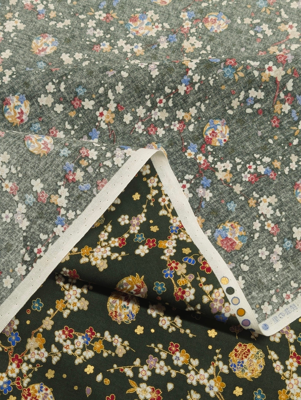 Naka - Metallic Cherry Blossom Circles Cotton Sheeting Fabric - Green