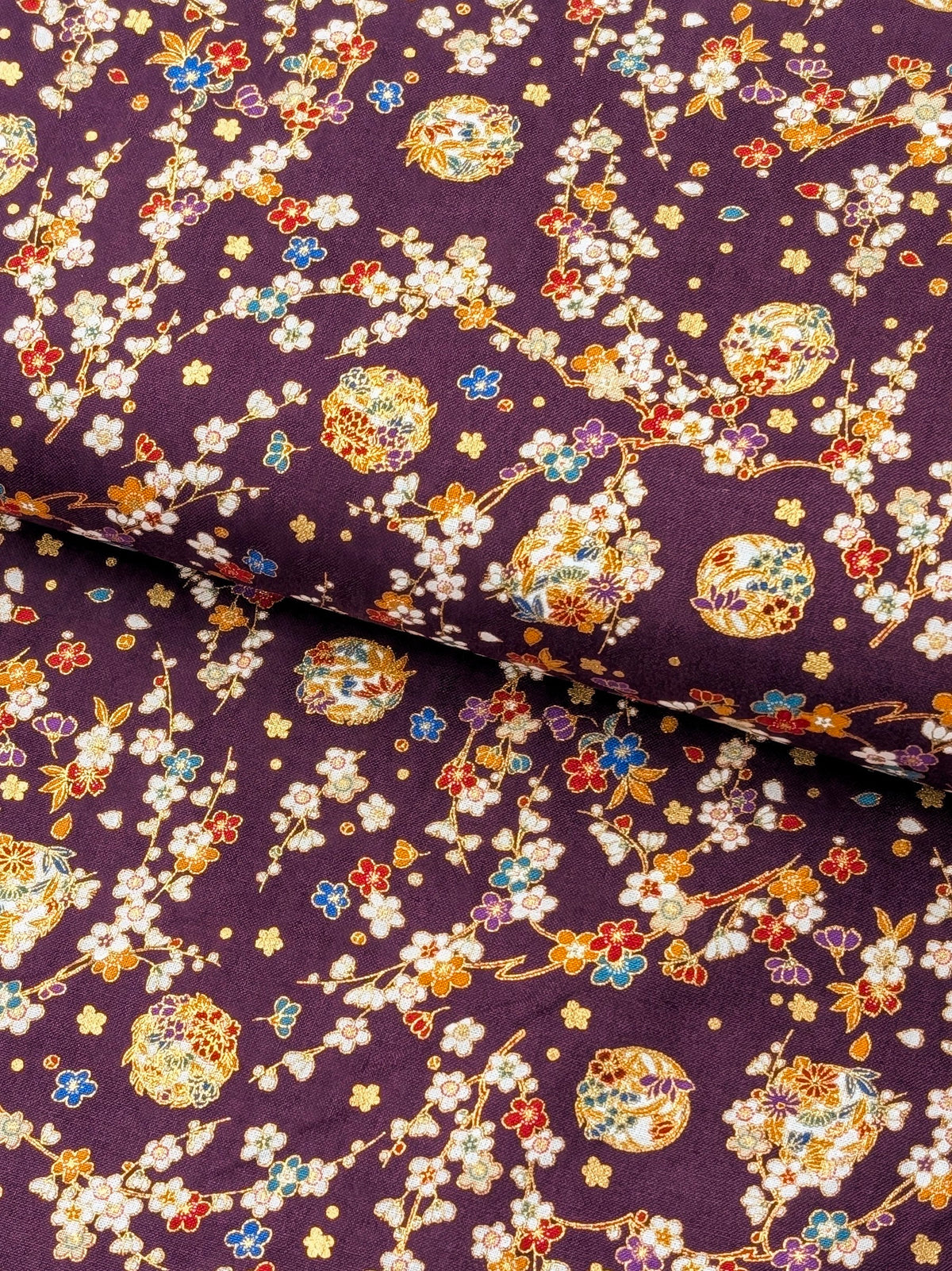 Naka - Metallic Cherry Blossom Circles Cotton Sheeting Fabric - Purple