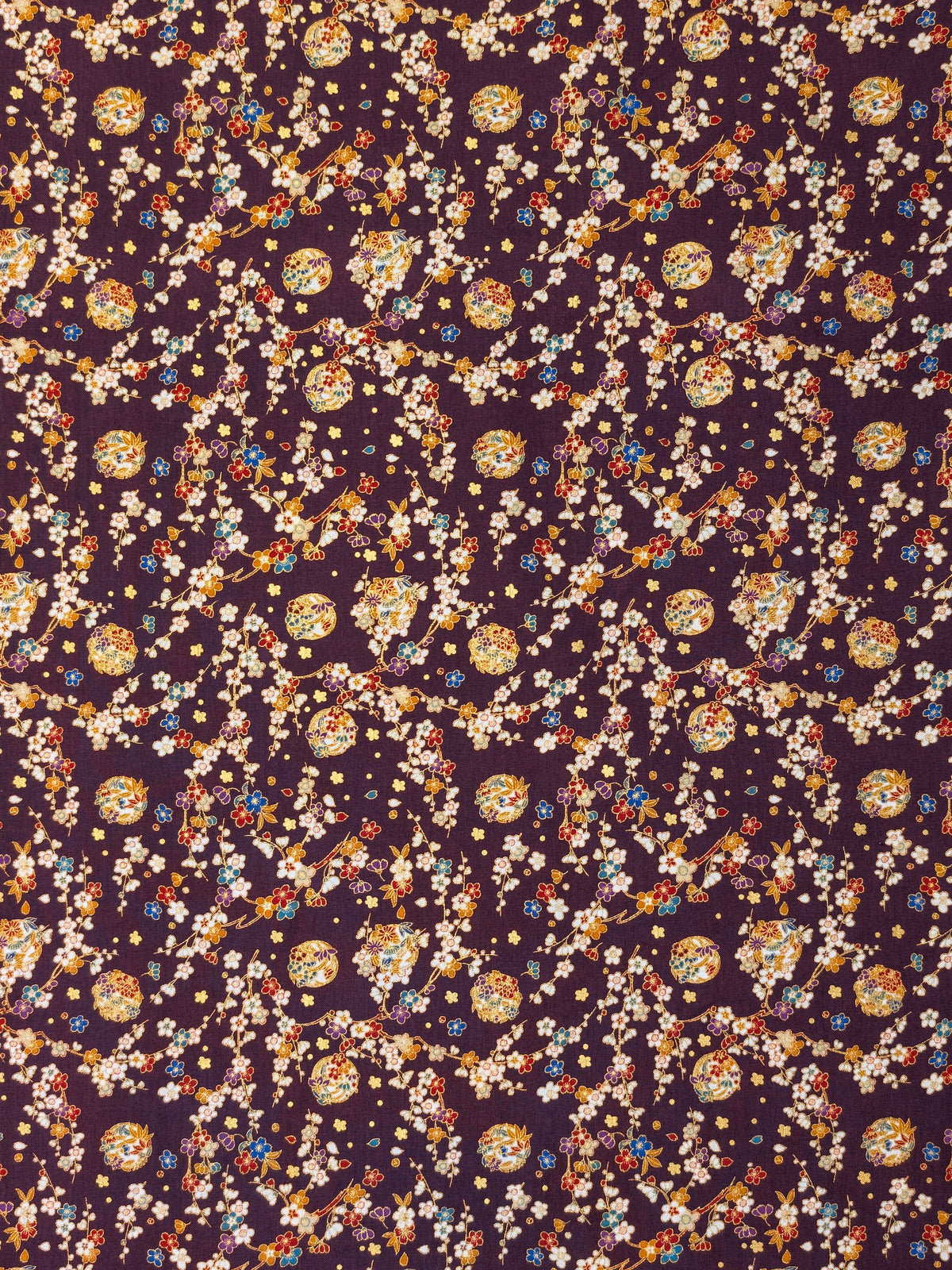 Naka - Metallic Cherry Blossom Circles Cotton Sheeting Fabric - Purple