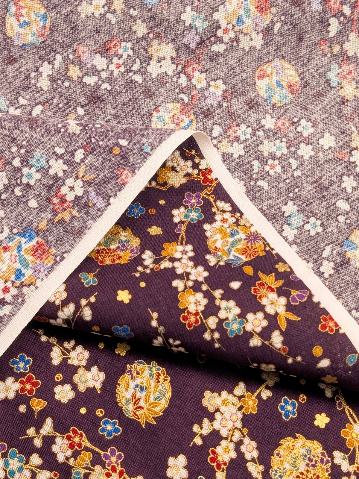 Naka - Metallic Cherry Blossom Circles Cotton Sheeting Fabric - Purple