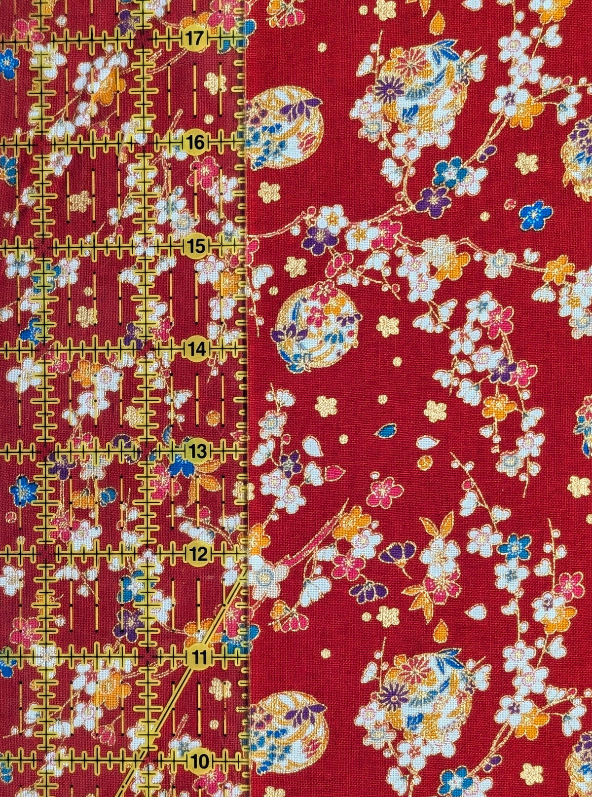 Naka - Metallic Cherry Blossom Circles Cotton Sheeting Fabric - Red