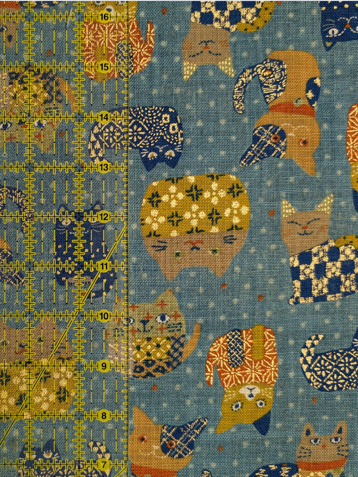 Sevenberry - Patchwork Cats Rustic Weave Cotton Fabric - Teal
