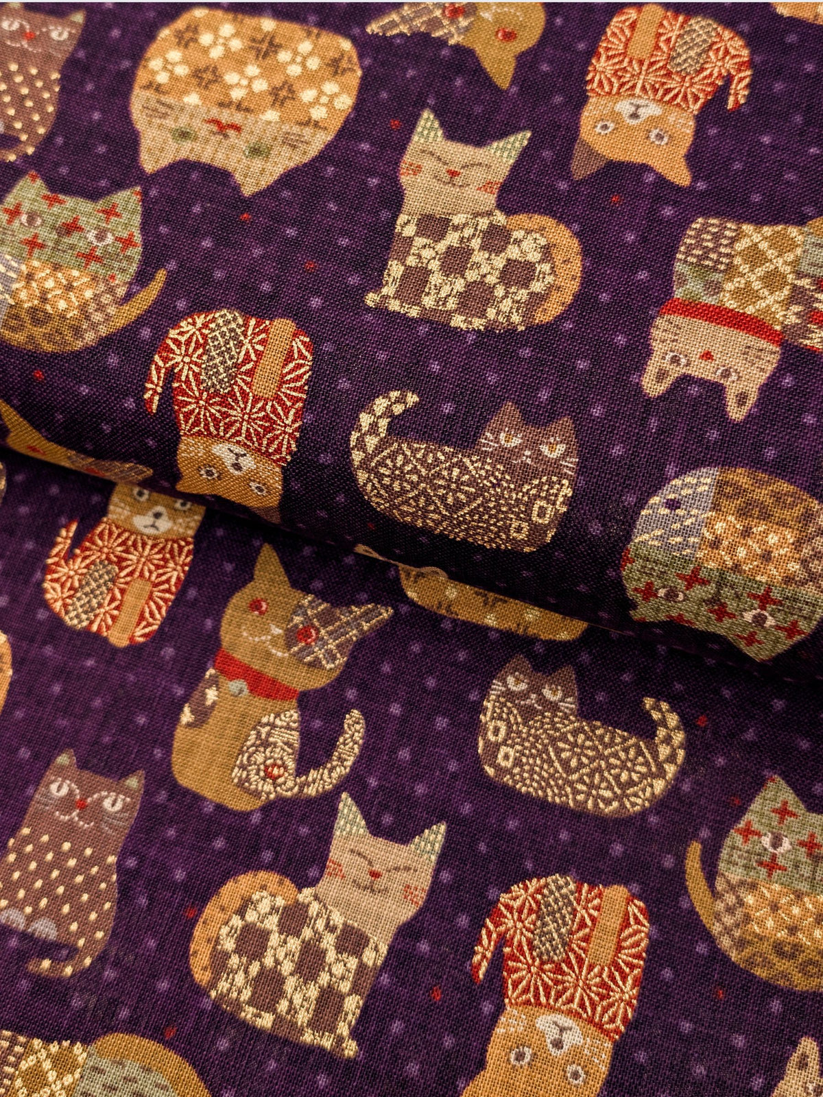 Sevenberry - Patchwork Cats Rustic Weave Cotton Fabric - Purple REMNANT