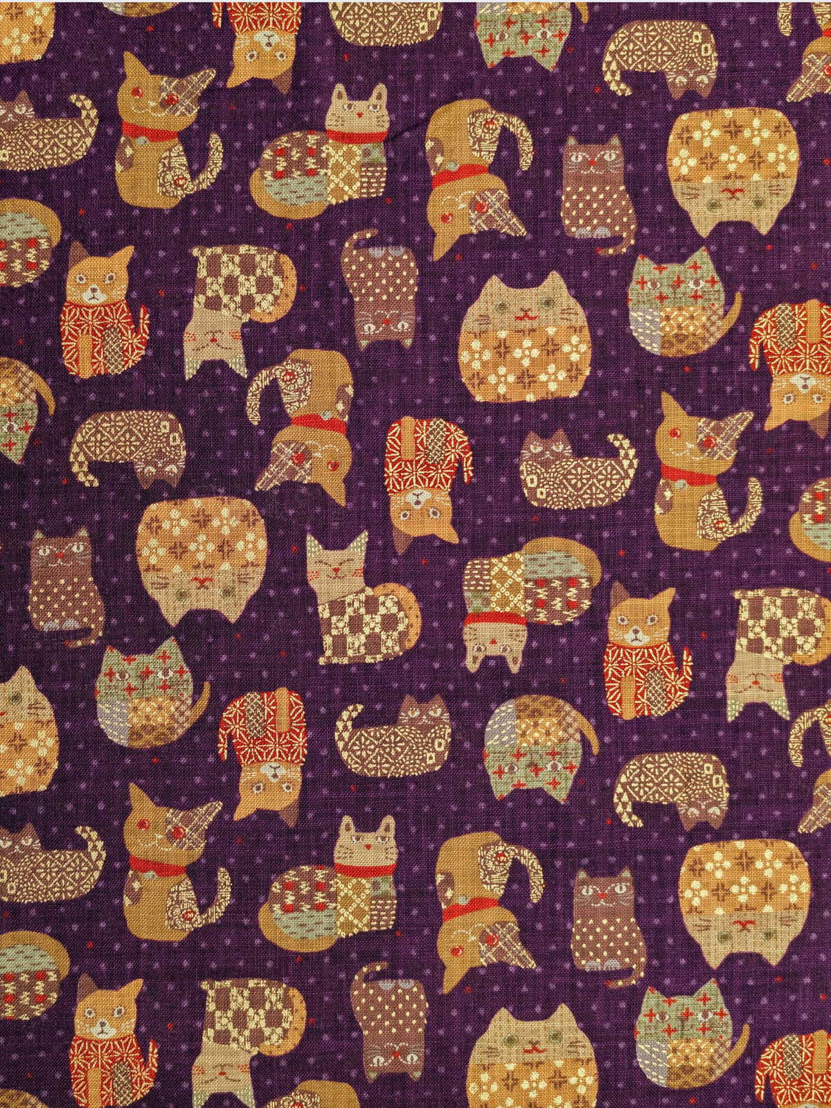 Sevenberry - Patchwork Cats Rustic Weave Cotton Fabric - Purple REMNANT