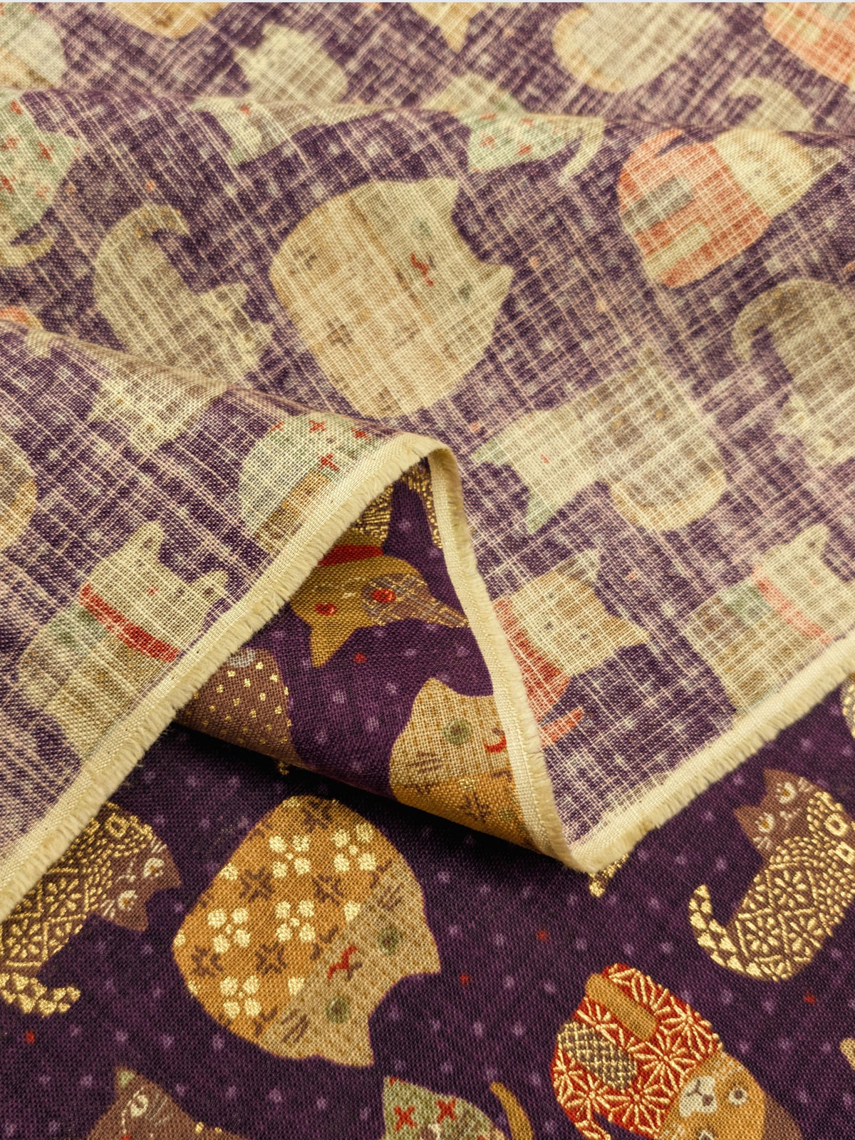 Sevenberry - Patchwork Cats Rustic Weave Cotton Fabric - Purple REMNANT