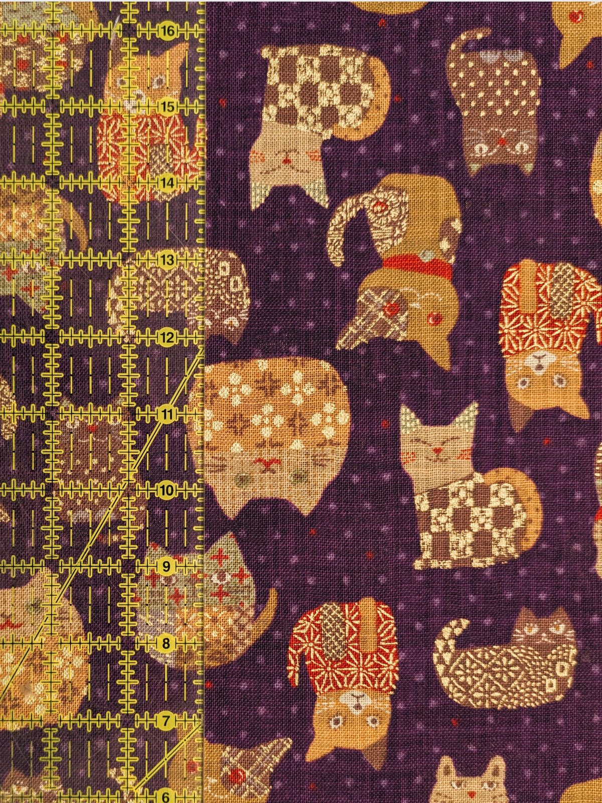 Sevenberry - Patchwork Cats Rustic Weave Cotton Fabric - Purple REMNANT