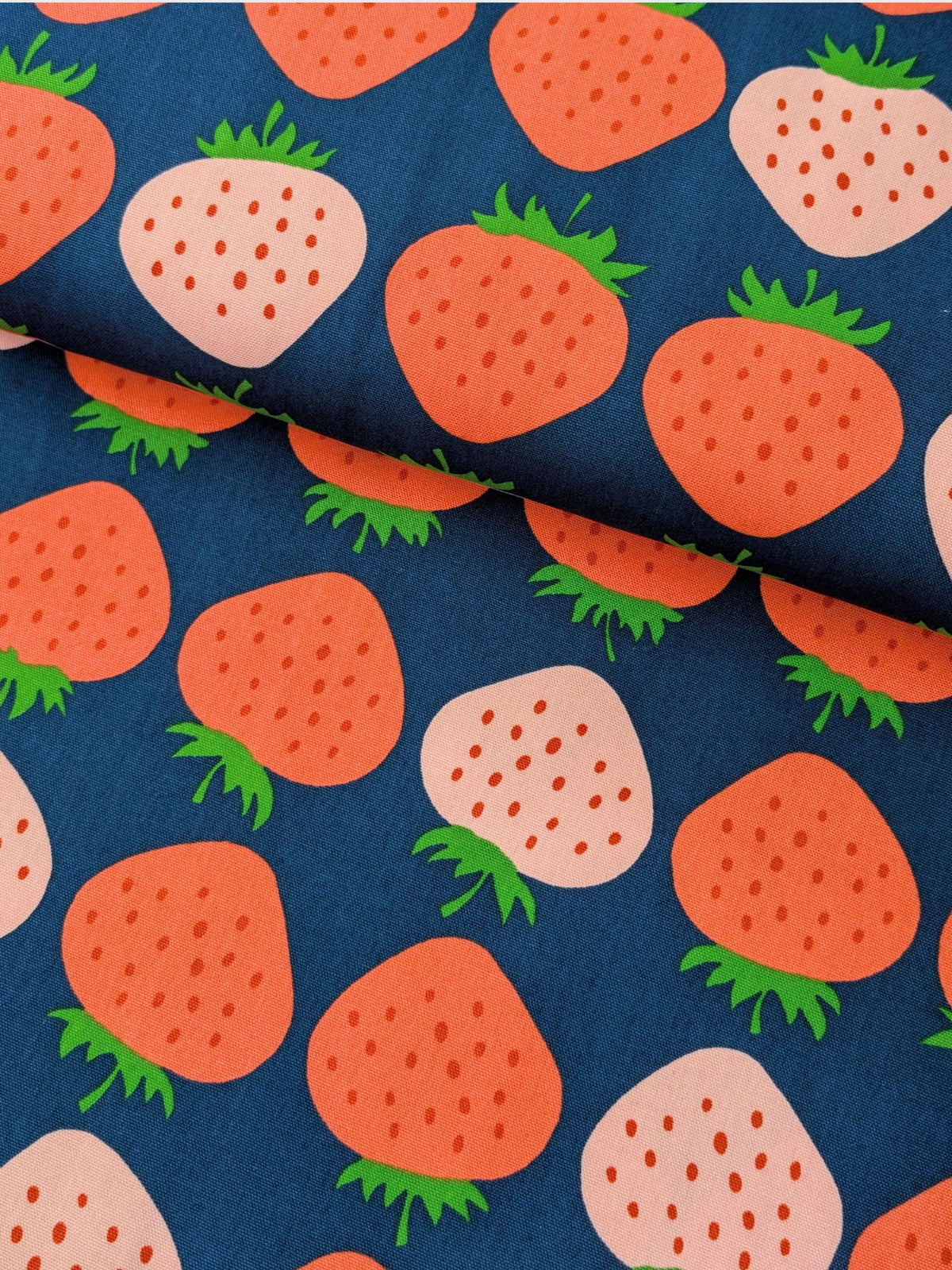 Asano - Big Strawberries Cotton Oxford Canvas Fabric - Navy & Pink REMNANT