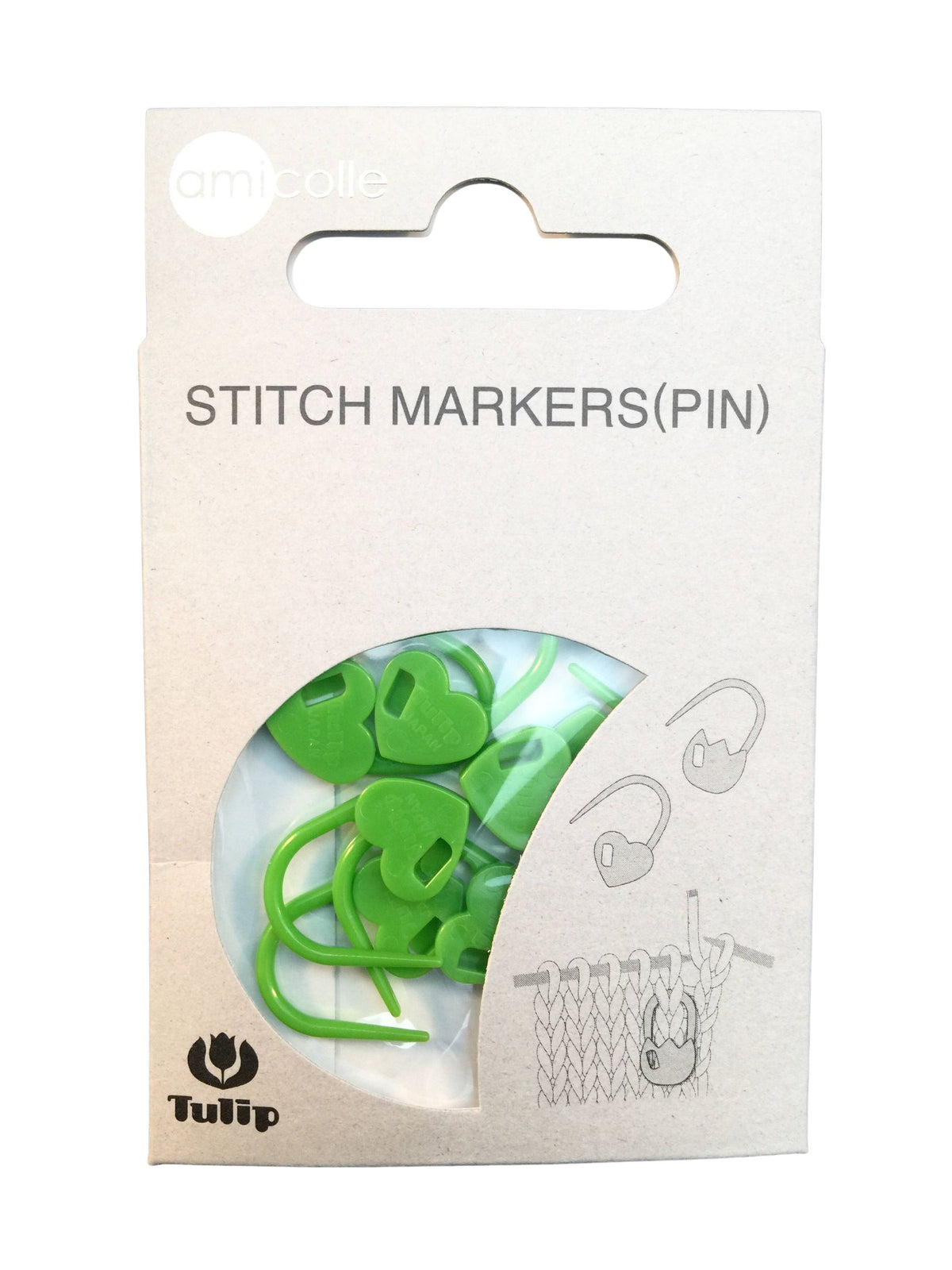 Packaging of green stitch markers with Tulip branding on a white background