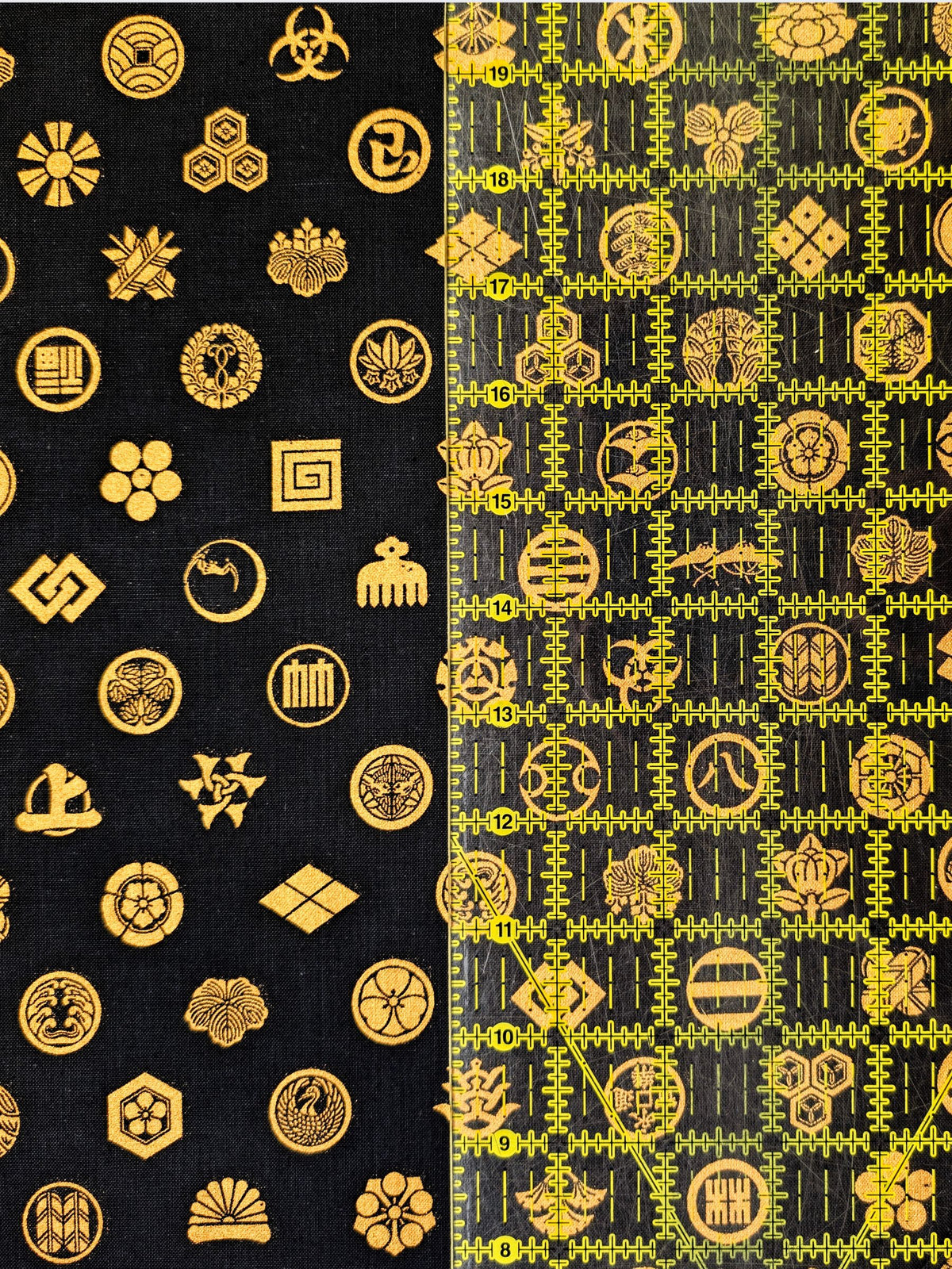 Cosmo - Golden Japanese Crests Cotton Sheeting Fabric - Black & Gold REMNANT