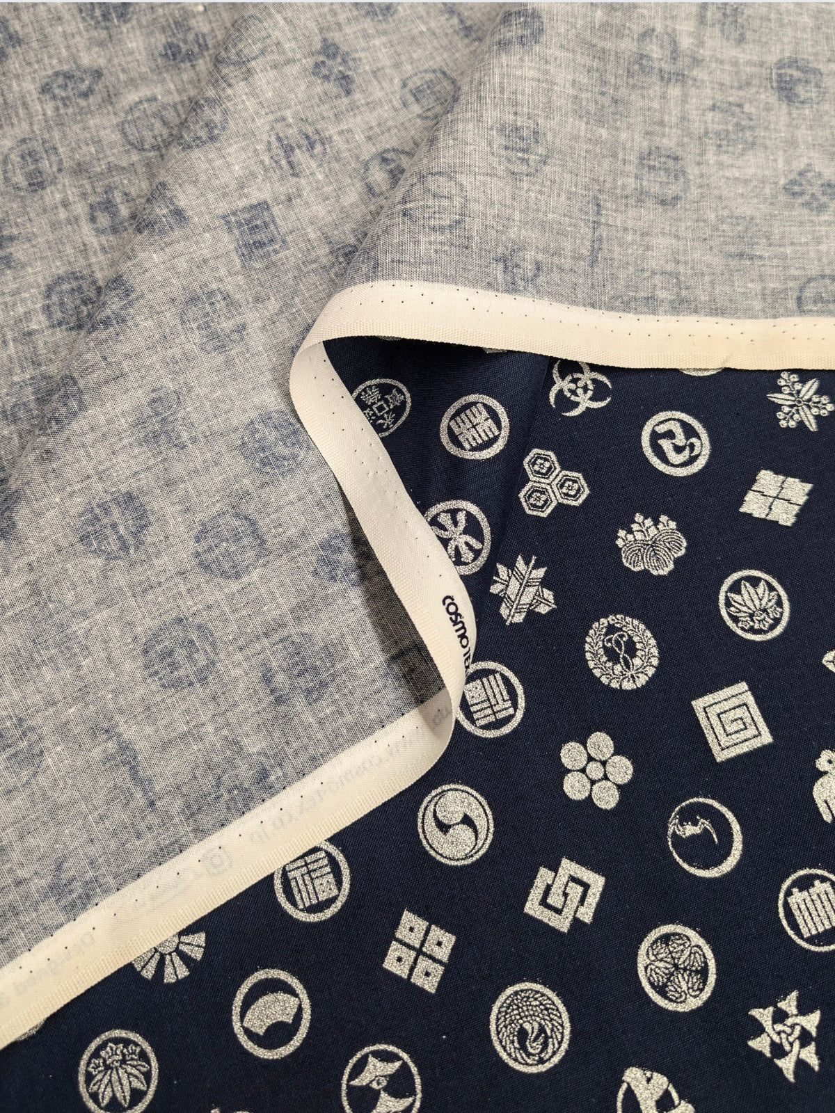 Cosmo - Silver Japanese Crests Cotton Sheeting Fabric - Blue & Silver
