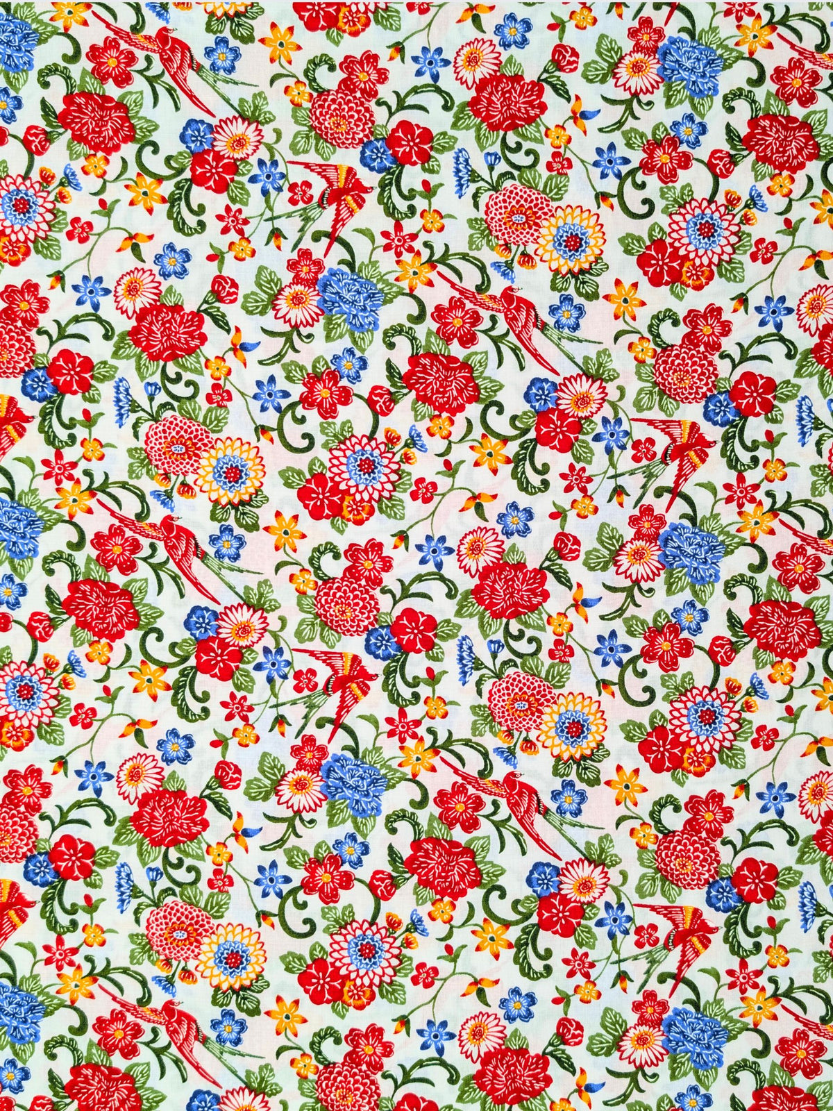 Cosmo - Parrots & Tropical Flowers Cotton Broadcloth Fabric - White