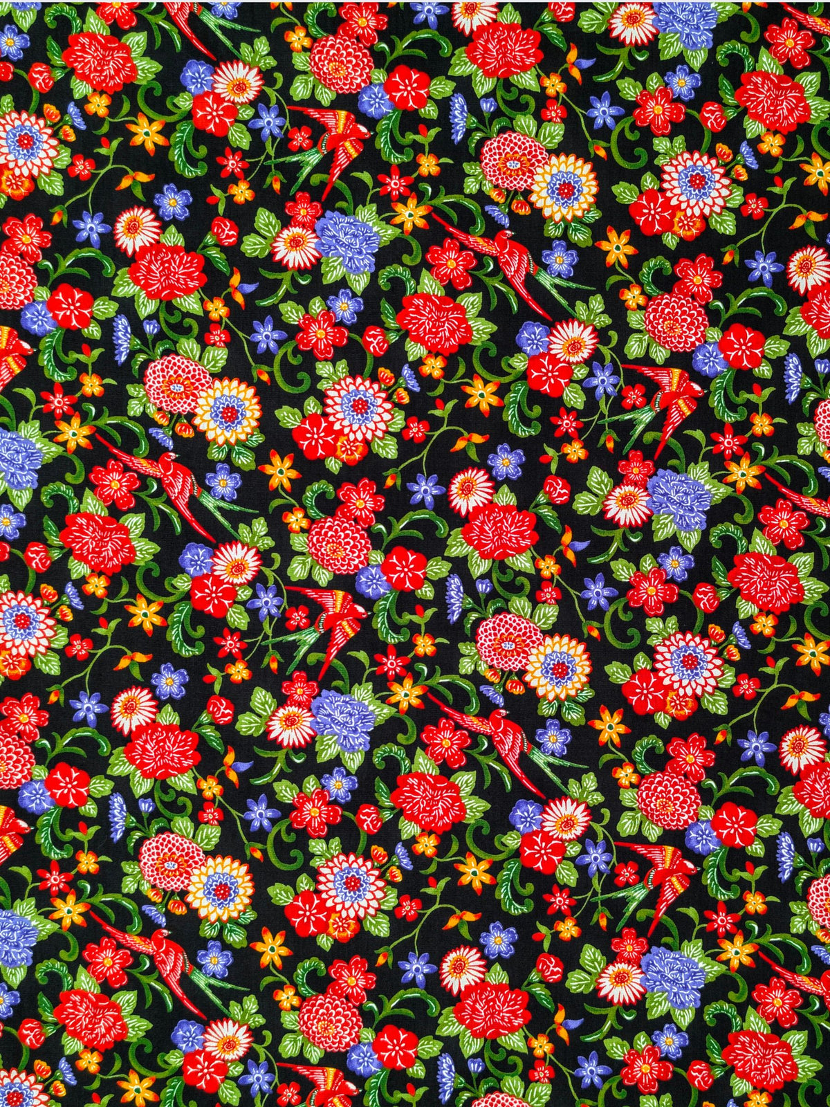 Cosmo - Parrots & Tropical Flowers Cotton Broadcloth Fabric - Black