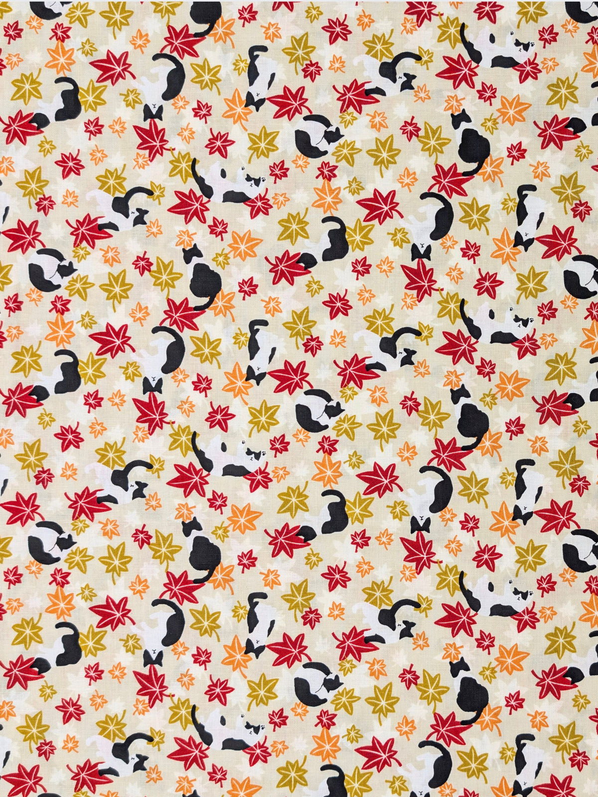Cosmo - Maple Leaves & Cats Cotton Sheeting Fabric - Beige
