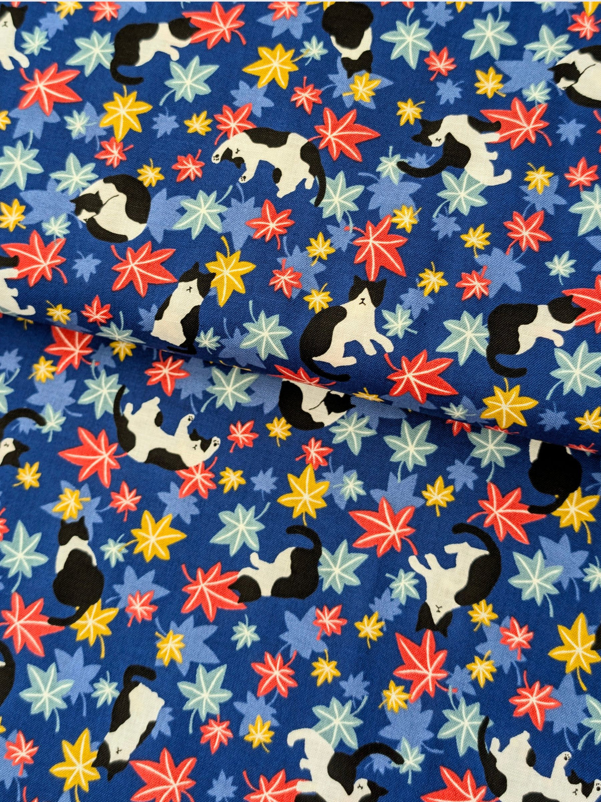 Cosmo - Maple Leaves & Cats Cotton Sheeting Fabric - Blue