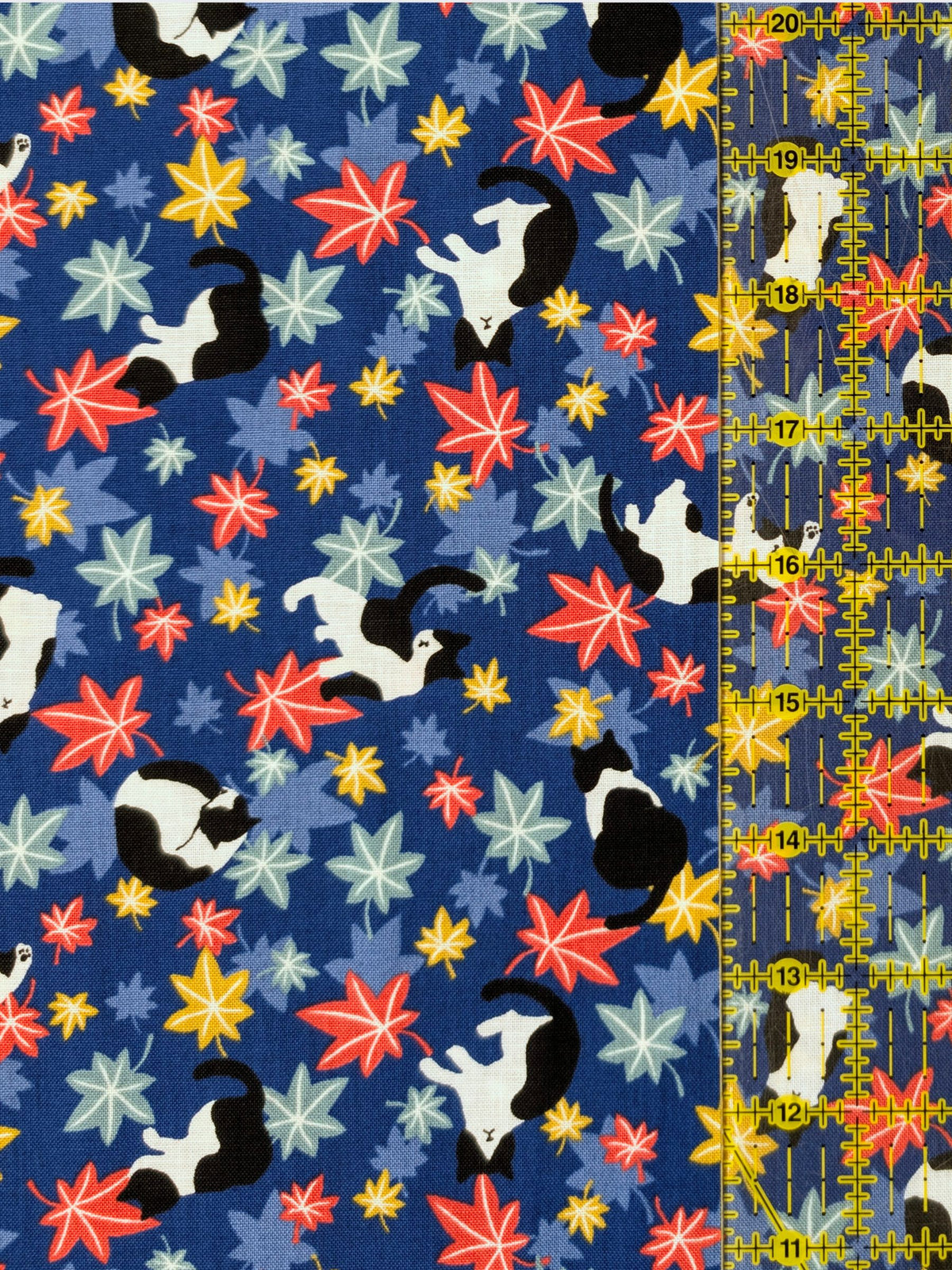 Cosmo - Maple Leaves & Cats Cotton Sheeting Fabric - Blue