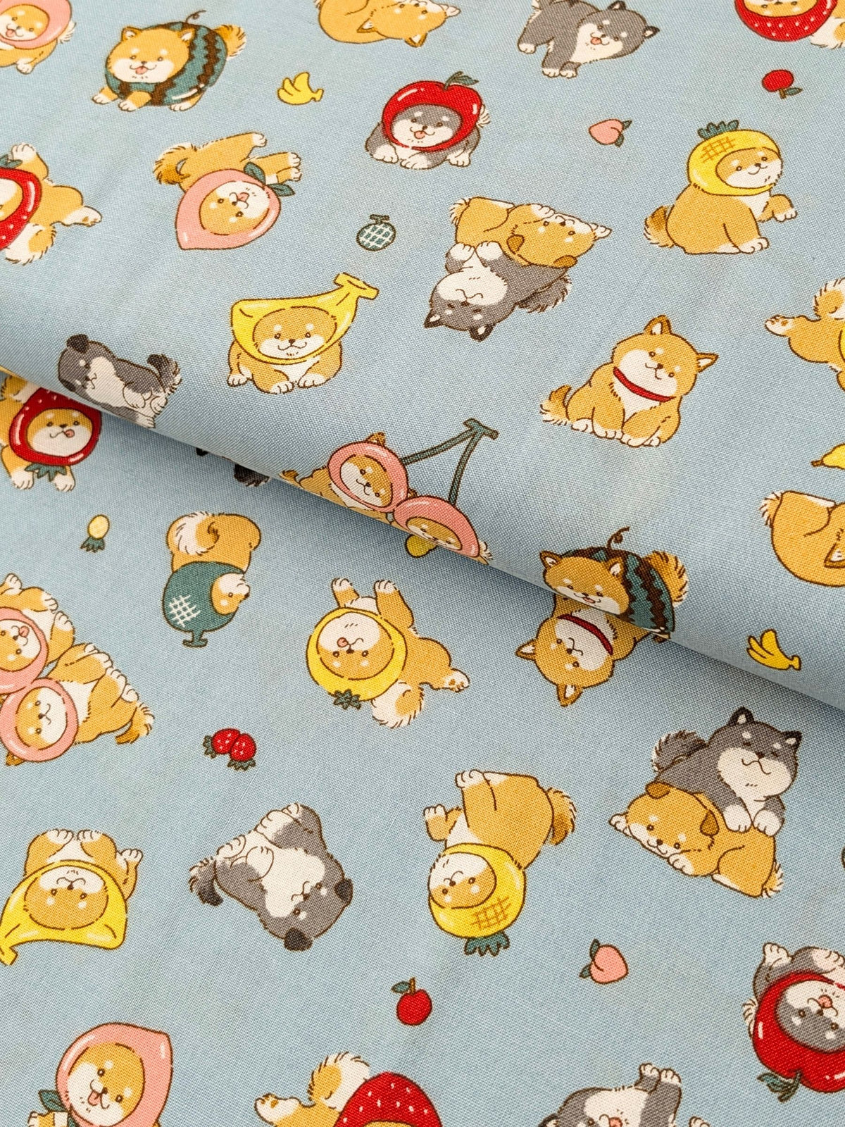 Cosmo - Fruity Shibas Cotton Sheeting Fabric - Light Blue REMNANT