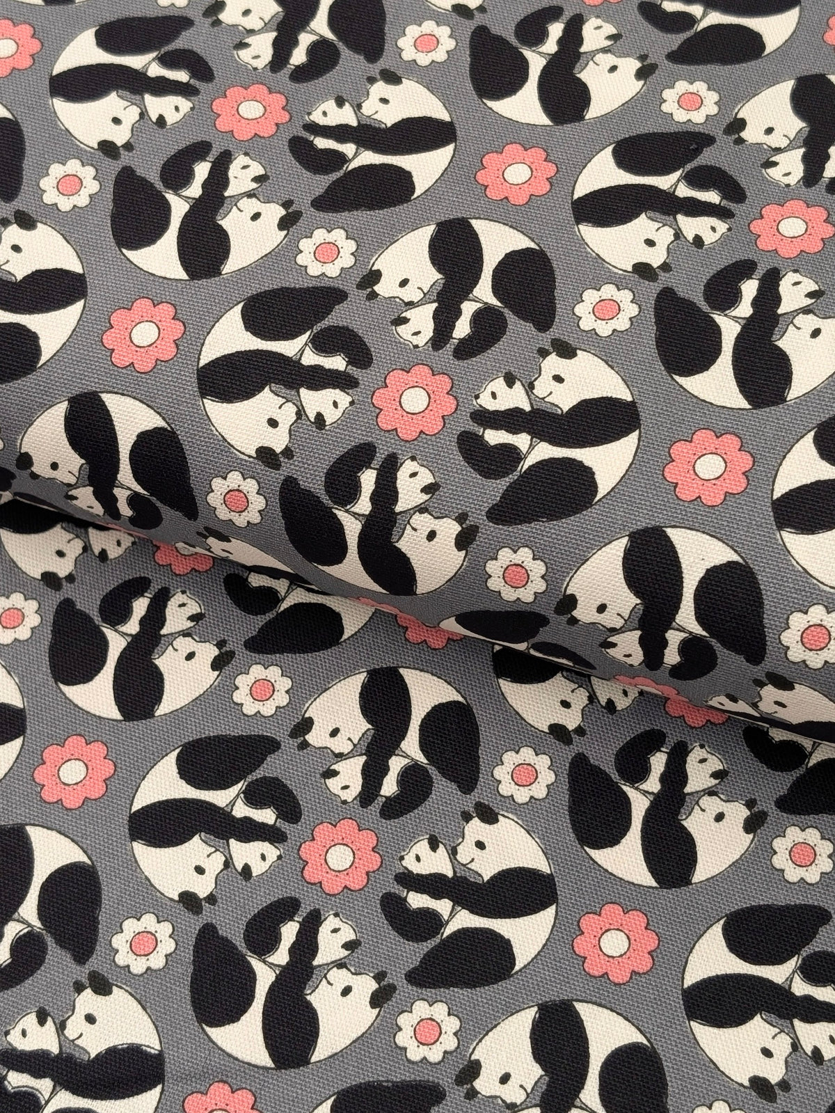 Yuwa - Kaleidoscope Pandas Oxford Cotton Fabric - Gray