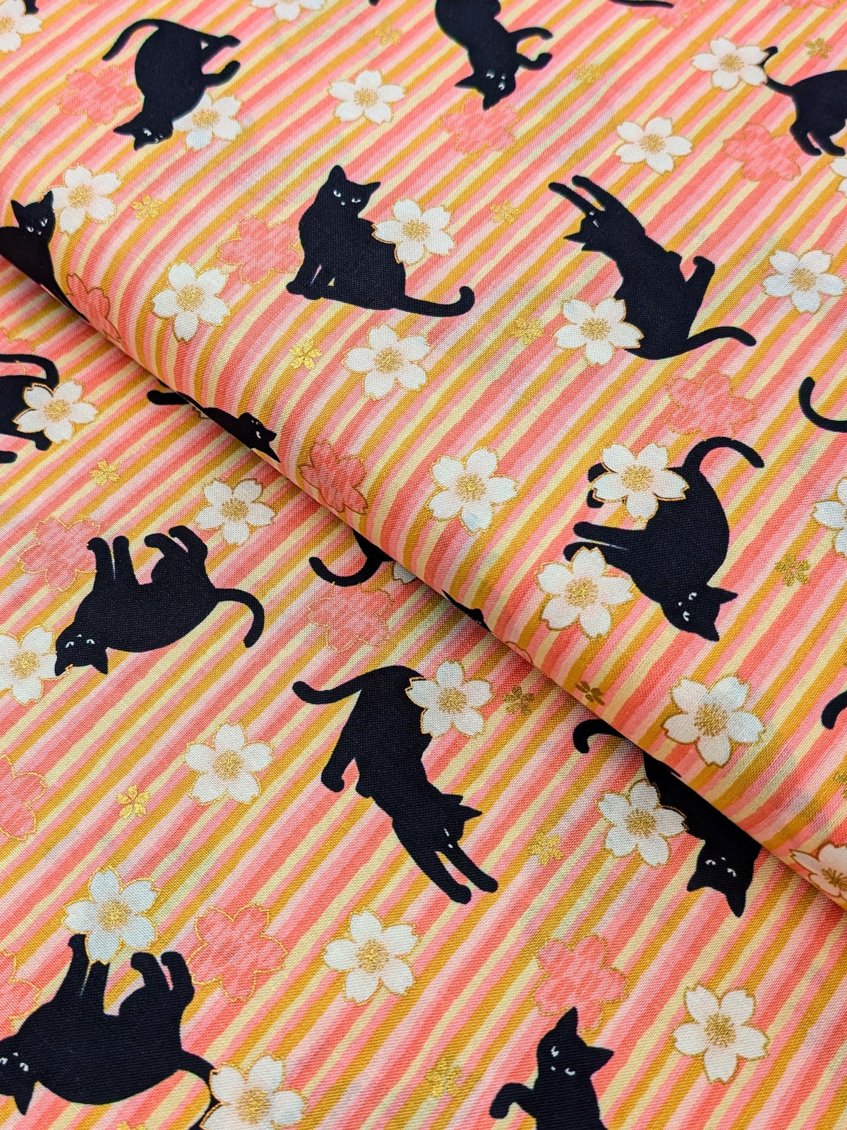 QuiltGate - Golden Cat Stripes and Cherry Blossoms Cotton Fabric - Pink