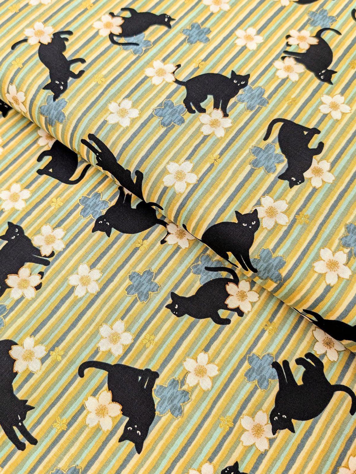 QuiltGate - Golden Cat Stripes and Cherry Blossoms Cotton Fabric - Green REMNANT