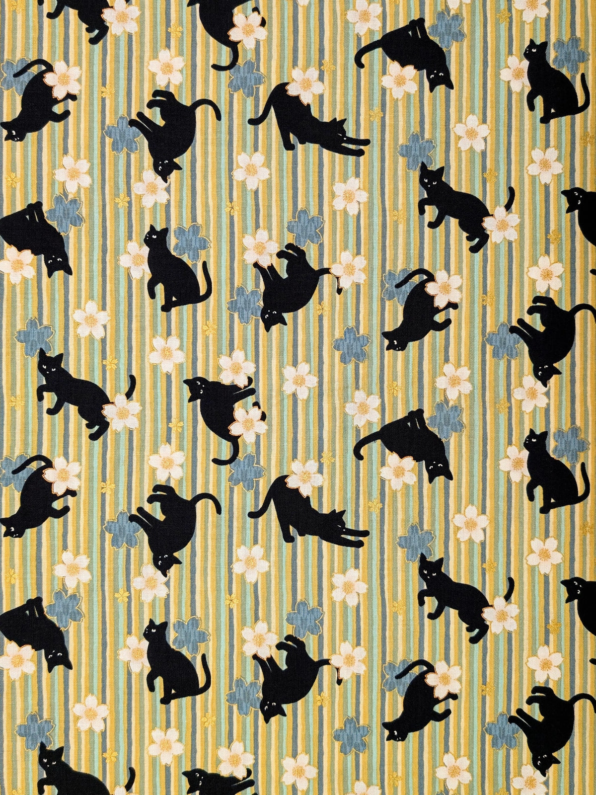 QuiltGate - Golden Cat Stripes and Cherry Blossoms Cotton Fabric - Green REMNANT