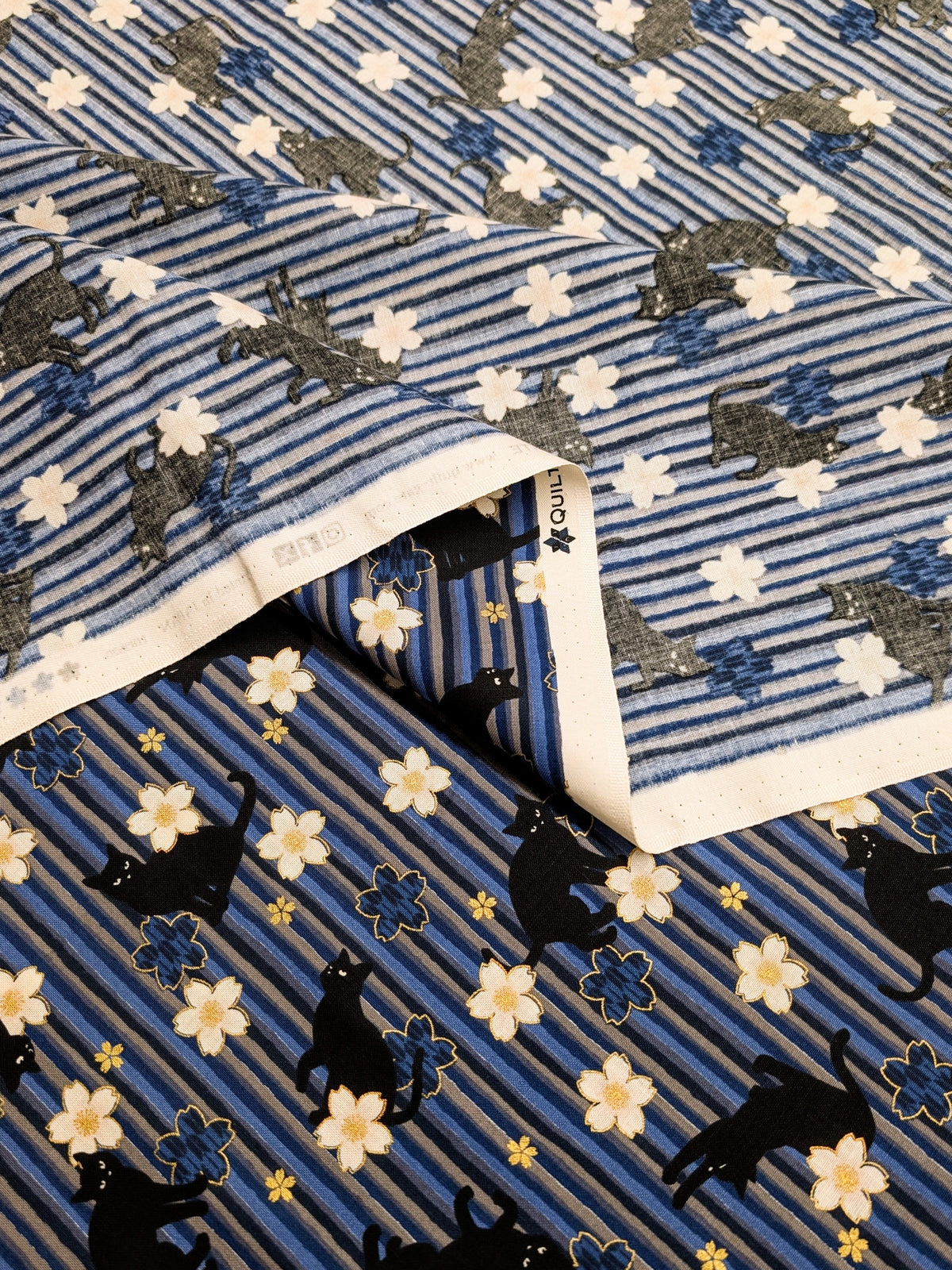QuiltGate - Golden Cat Stripes and Cherry Blossoms Cotton Fabric - Blue