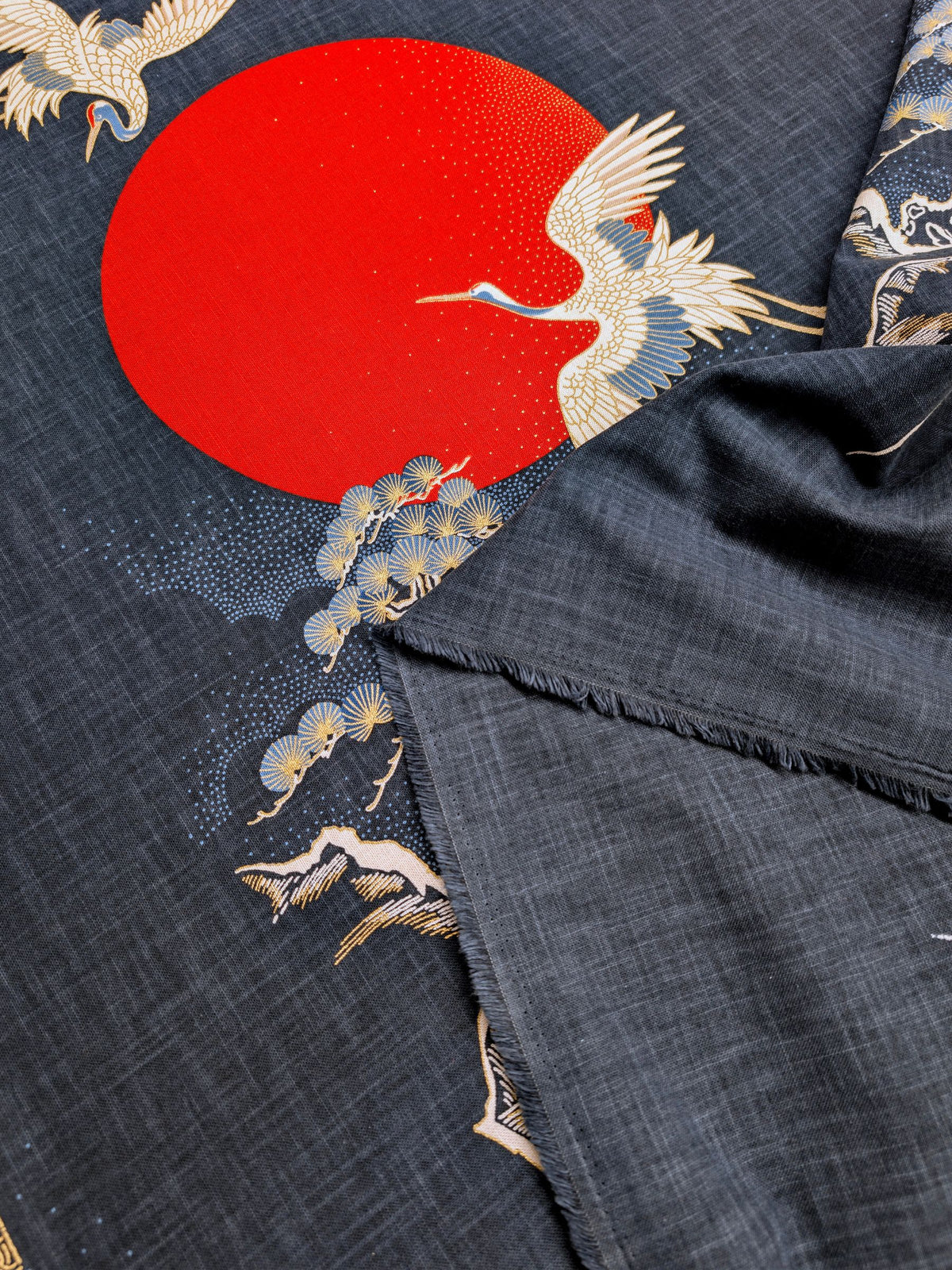 Kurenai - Cranes and Sun Over Pine Noren Panel - Blue