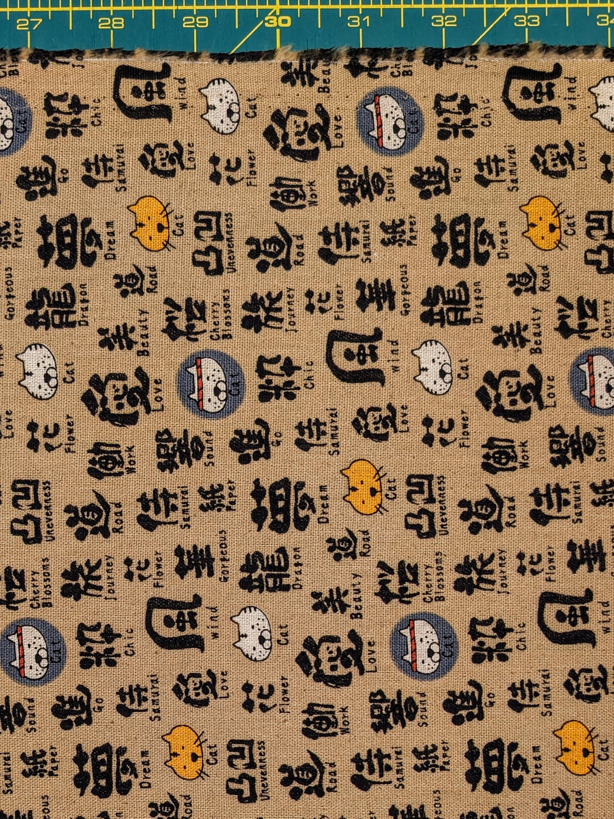 Kobayashi - Kanji Cats Cotton/Linen Light Canvas Fabric - Tan