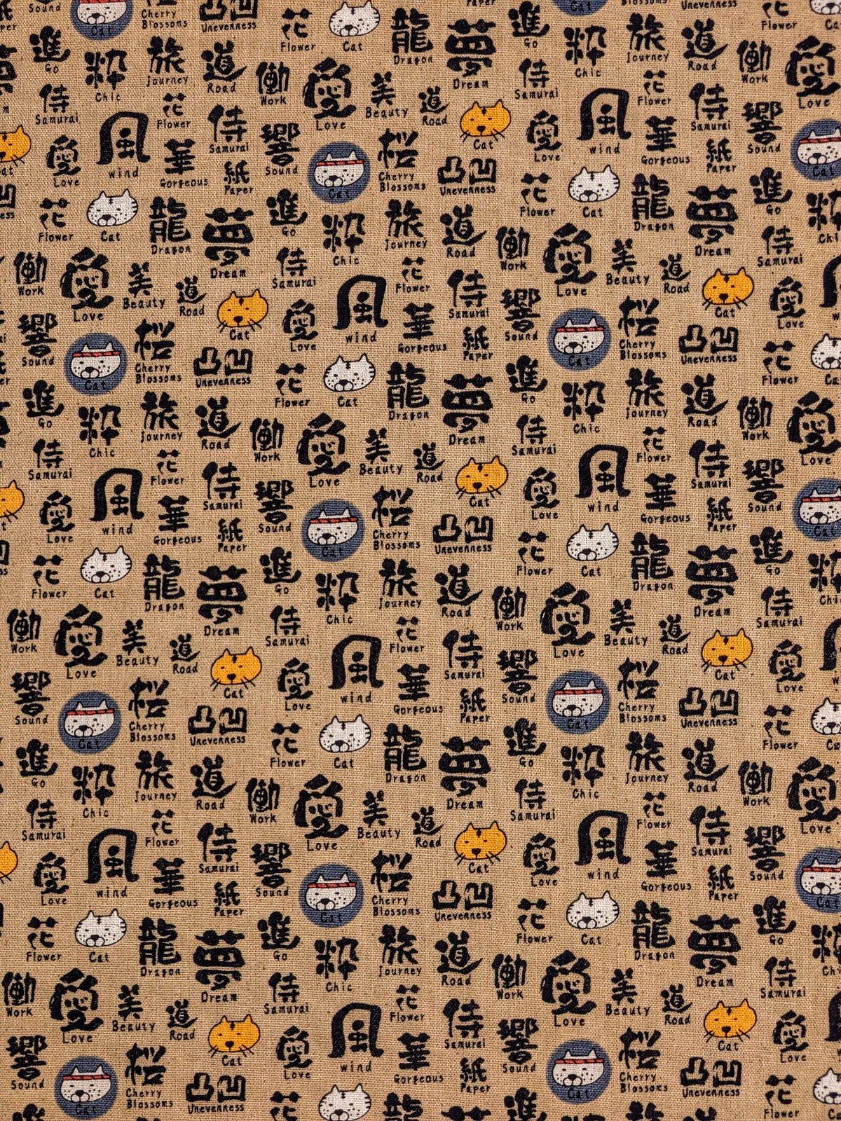 Kobayashi - Kanji Cats Cotton/Linen Light Canvas Fabric - Tan