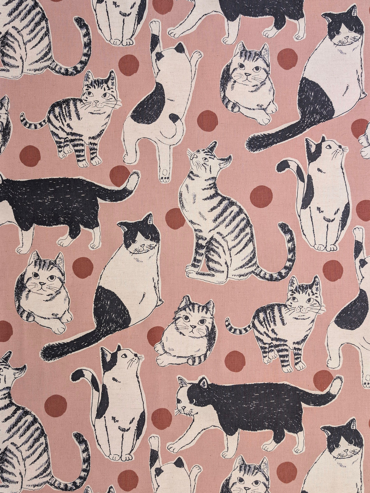 Kobayashi - Large Black & Off-White Cats Cotton Linen Oxford Canvas Fabric - Pink