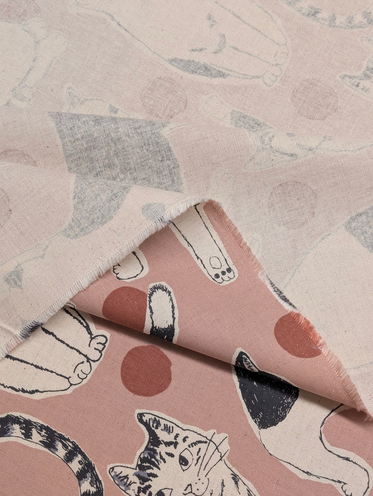 Kobayashi - Large Black & Off-White Cats Cotton Linen Oxford Canvas Fabric - Pink