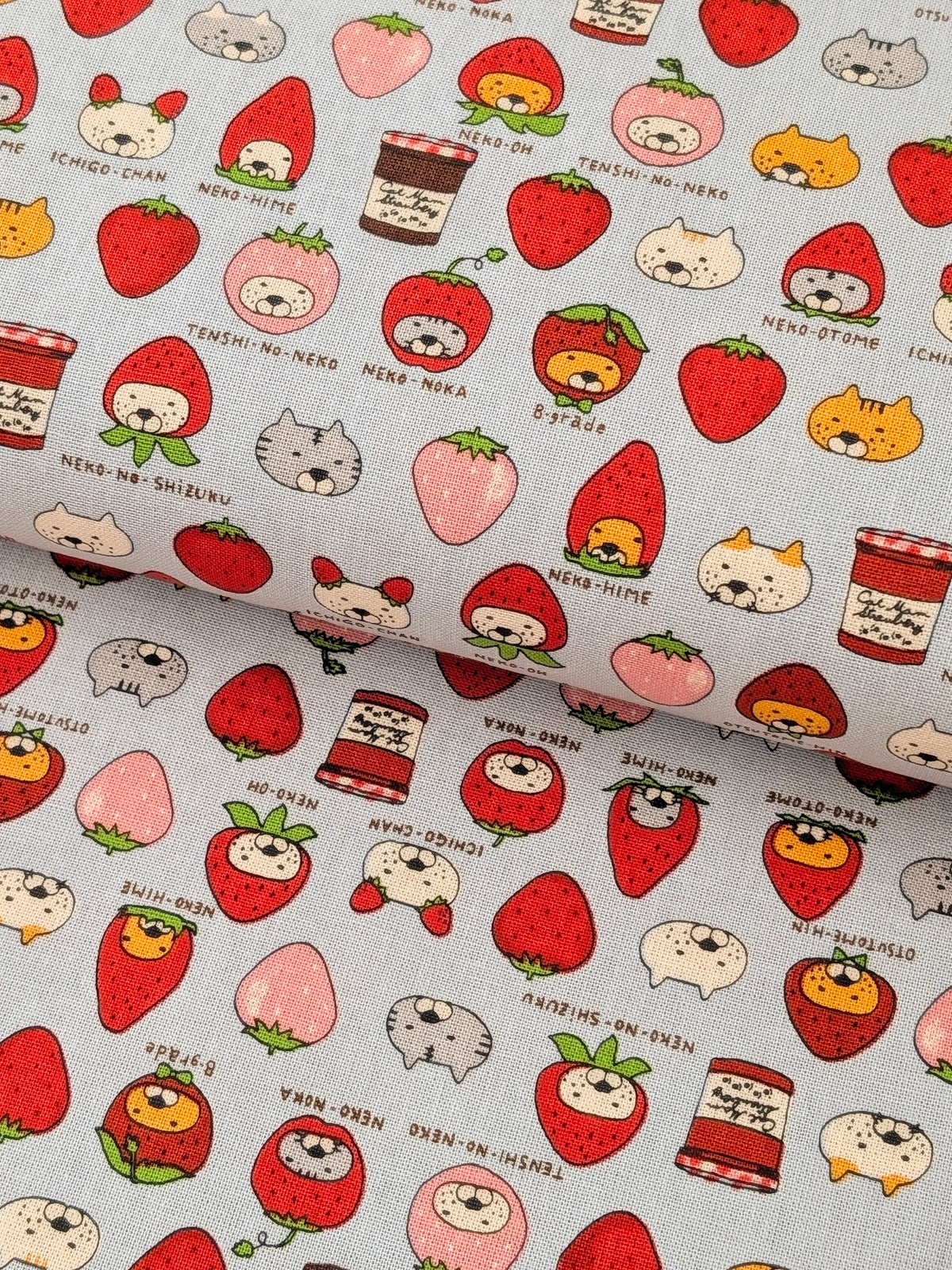 Kobayashi - Neko Strawberry Jam Cotton Linen Oxford Canvas Fabric - Blue