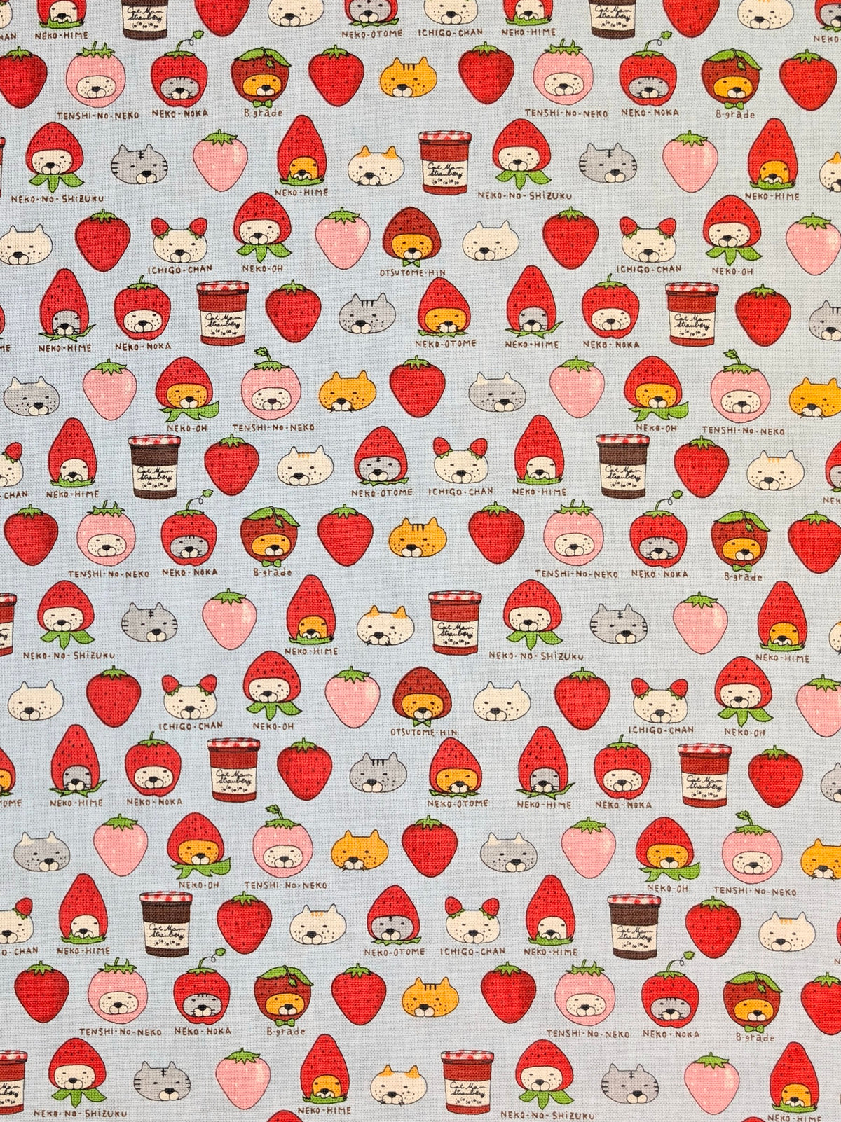 Kobayashi - Neko Strawberry Jam Cotton Linen Oxford Canvas Fabric - Blue